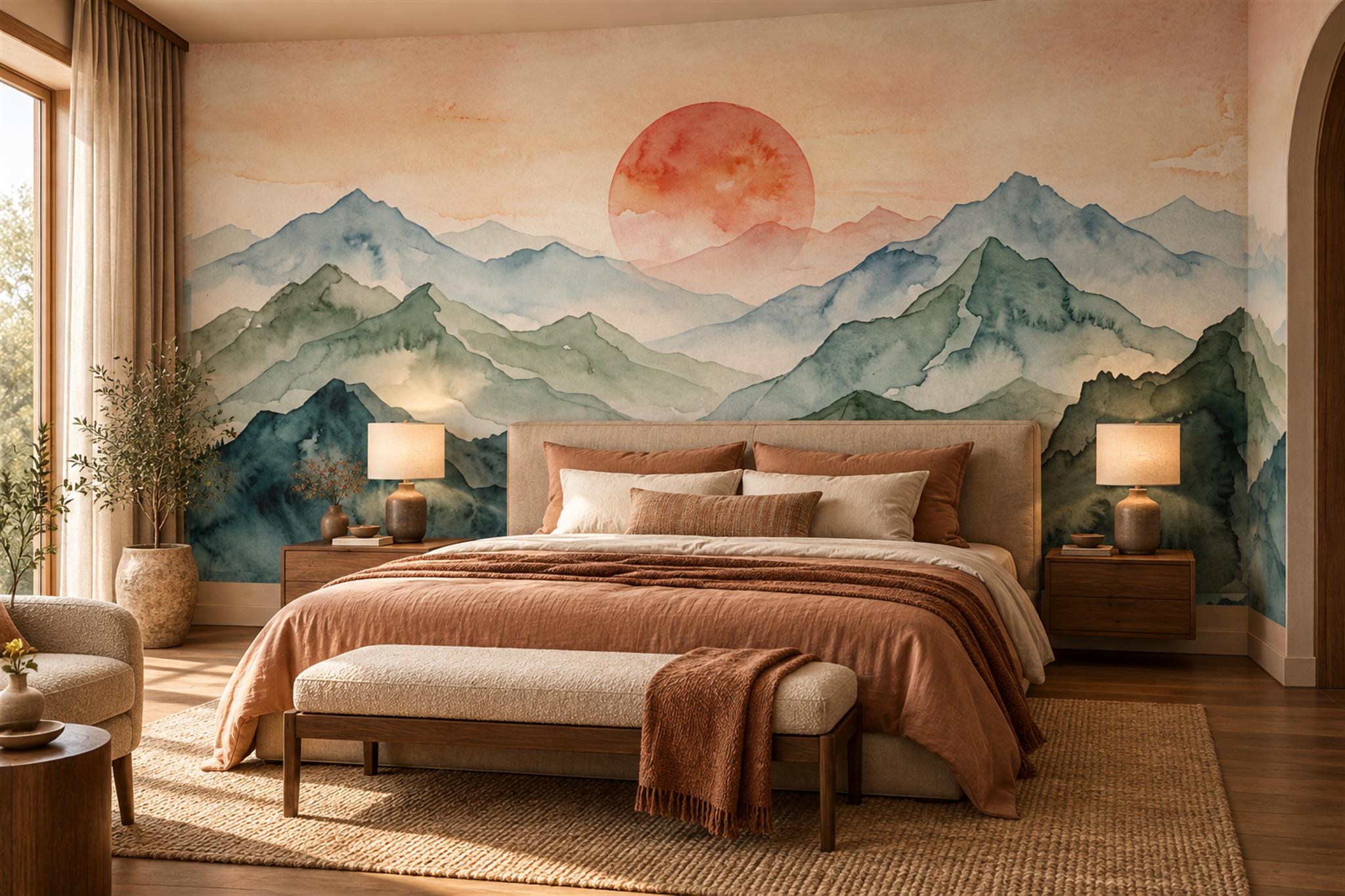 Green Mountain Scenic Painterly Wallpaper Mural Bedroom-wallpaper-murals, Peel-and-stick Finish