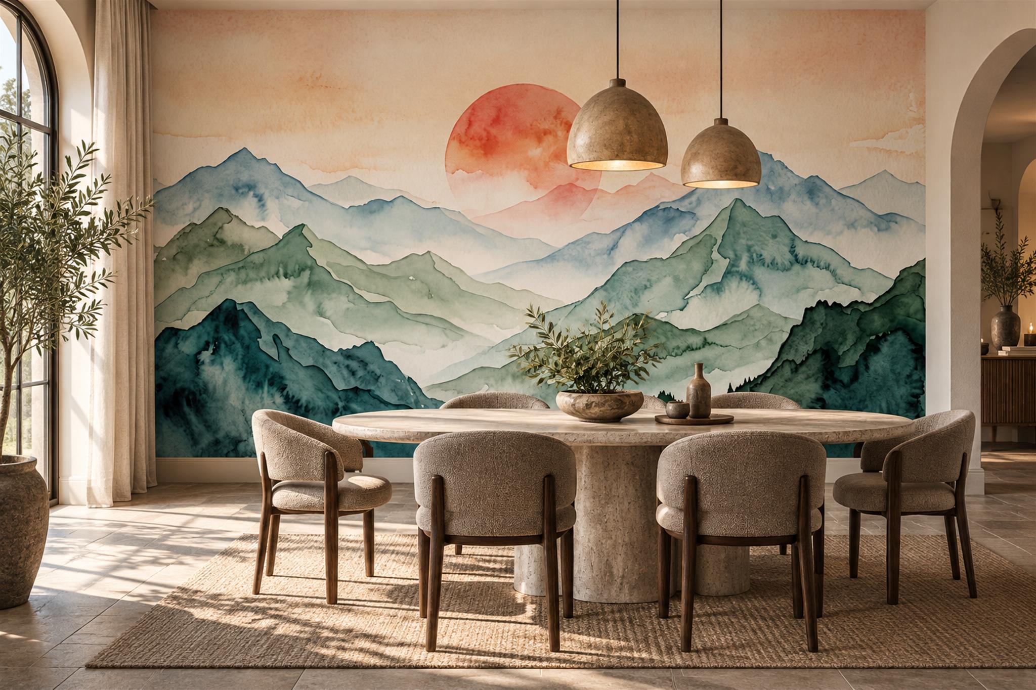 Watercolour Mountains Beneath A Coral Sun Wallpaper Mural — Wallpaper Mural Design, Peel-and-stick Finish