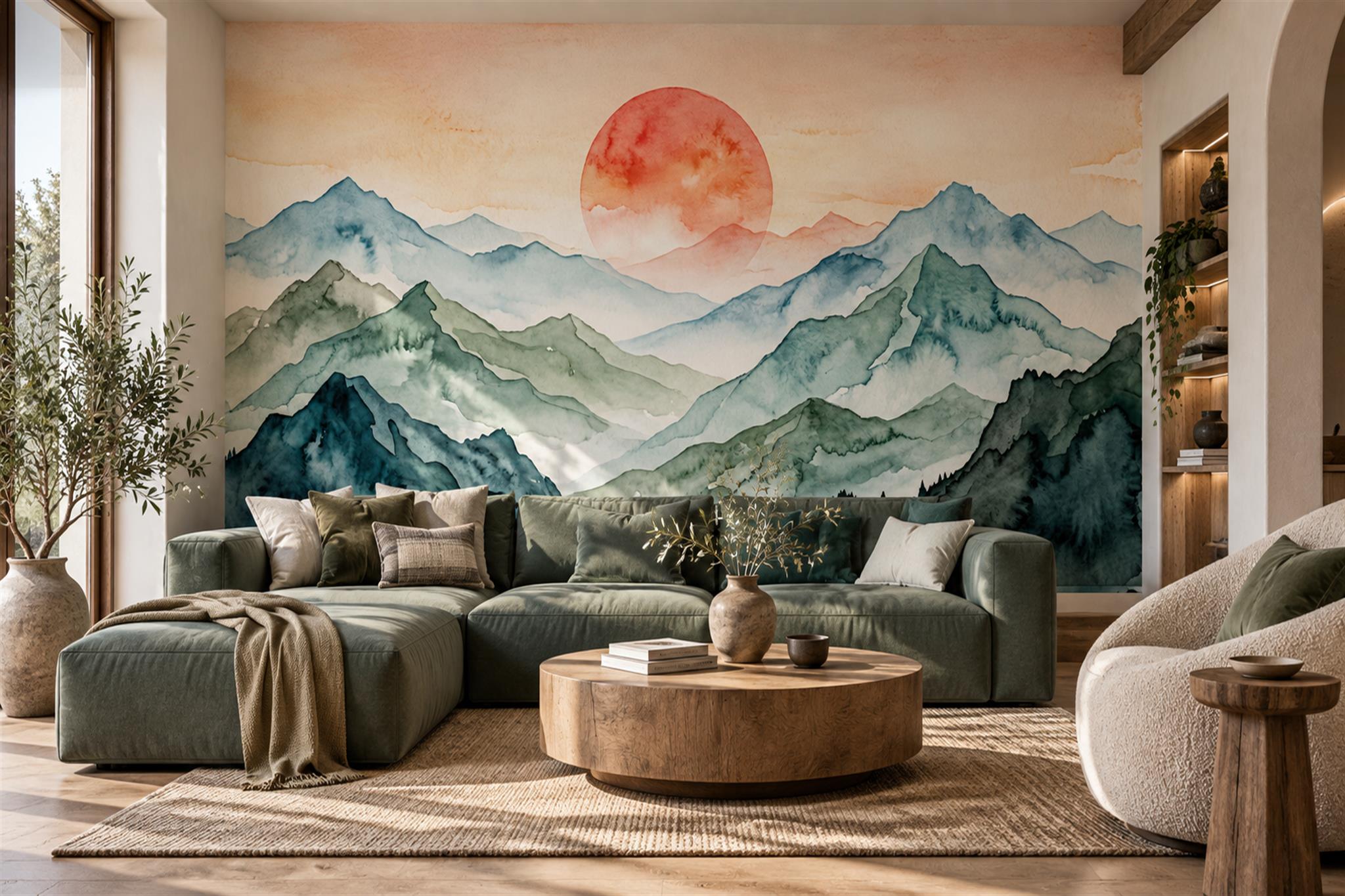 Green Mountain Scenic Painterly Wallpaper Mural Living-room-wallpaper-murals, Shown In A Living Room, Peel-and-stick Finish
