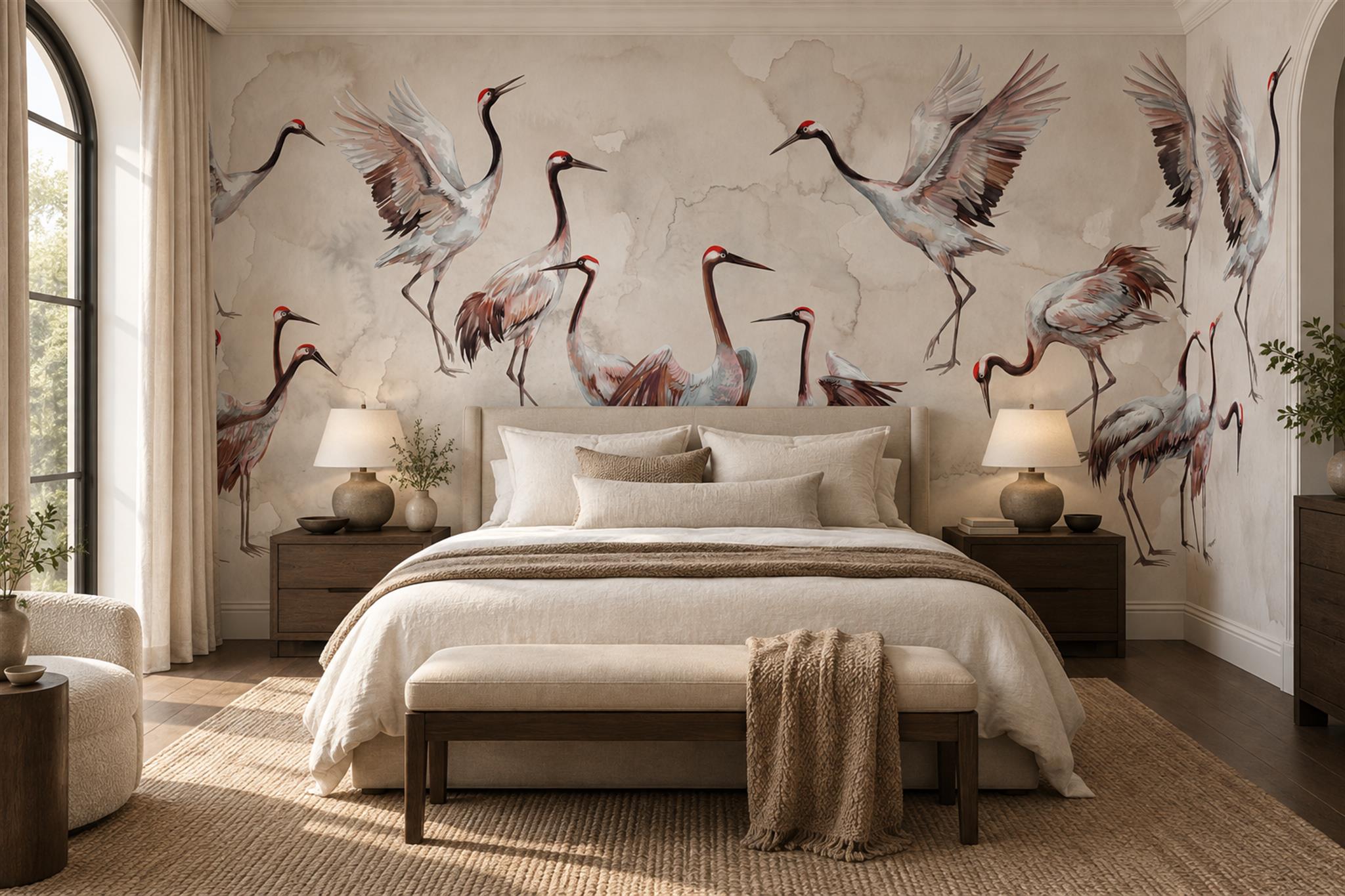 Grey Crane Illustrated Wallpaper Mural Bedroom-wallpaper-murals, Peel-and-stick Finish
