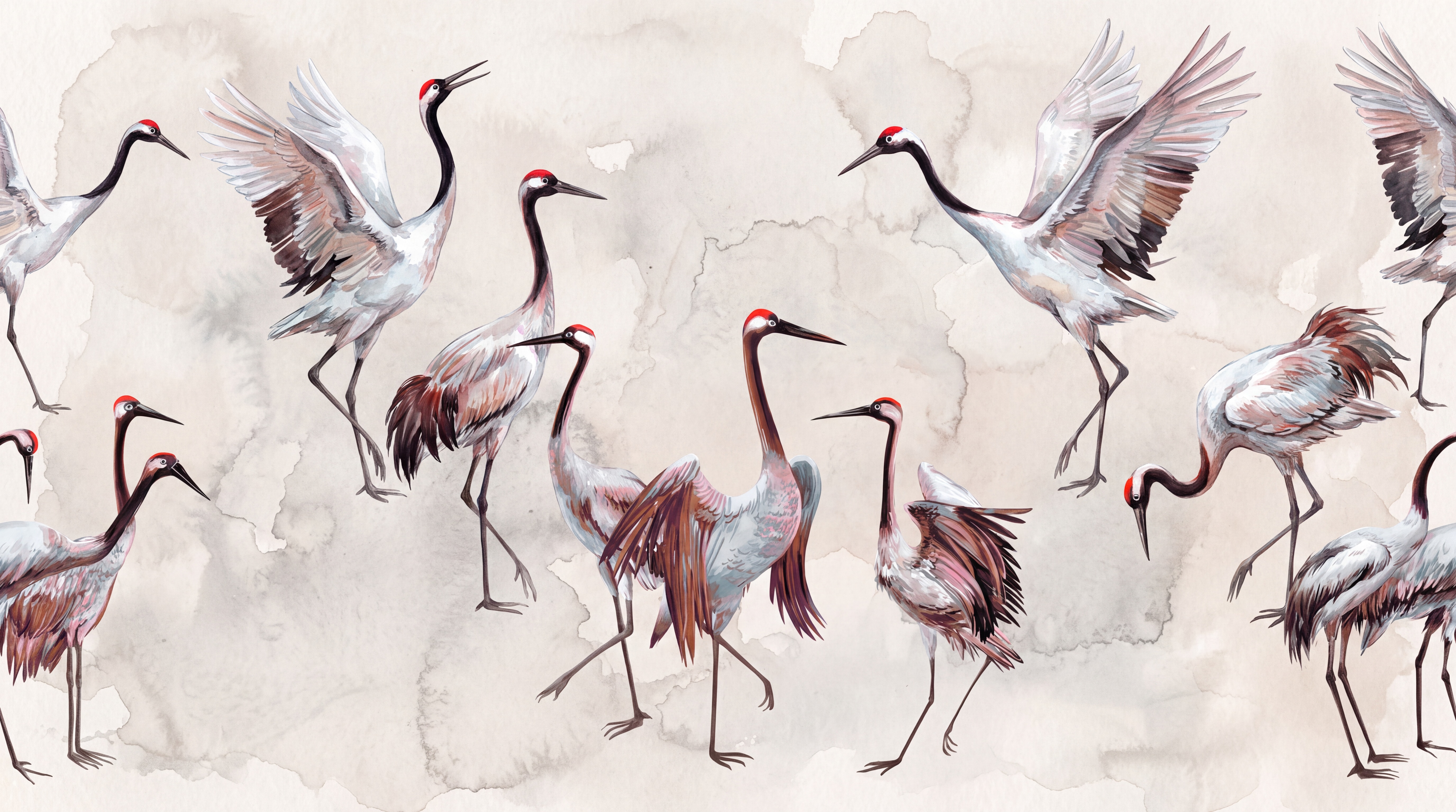 Grey Crane Illustrated Wallpaper Mural, Peel-and-stick Finish