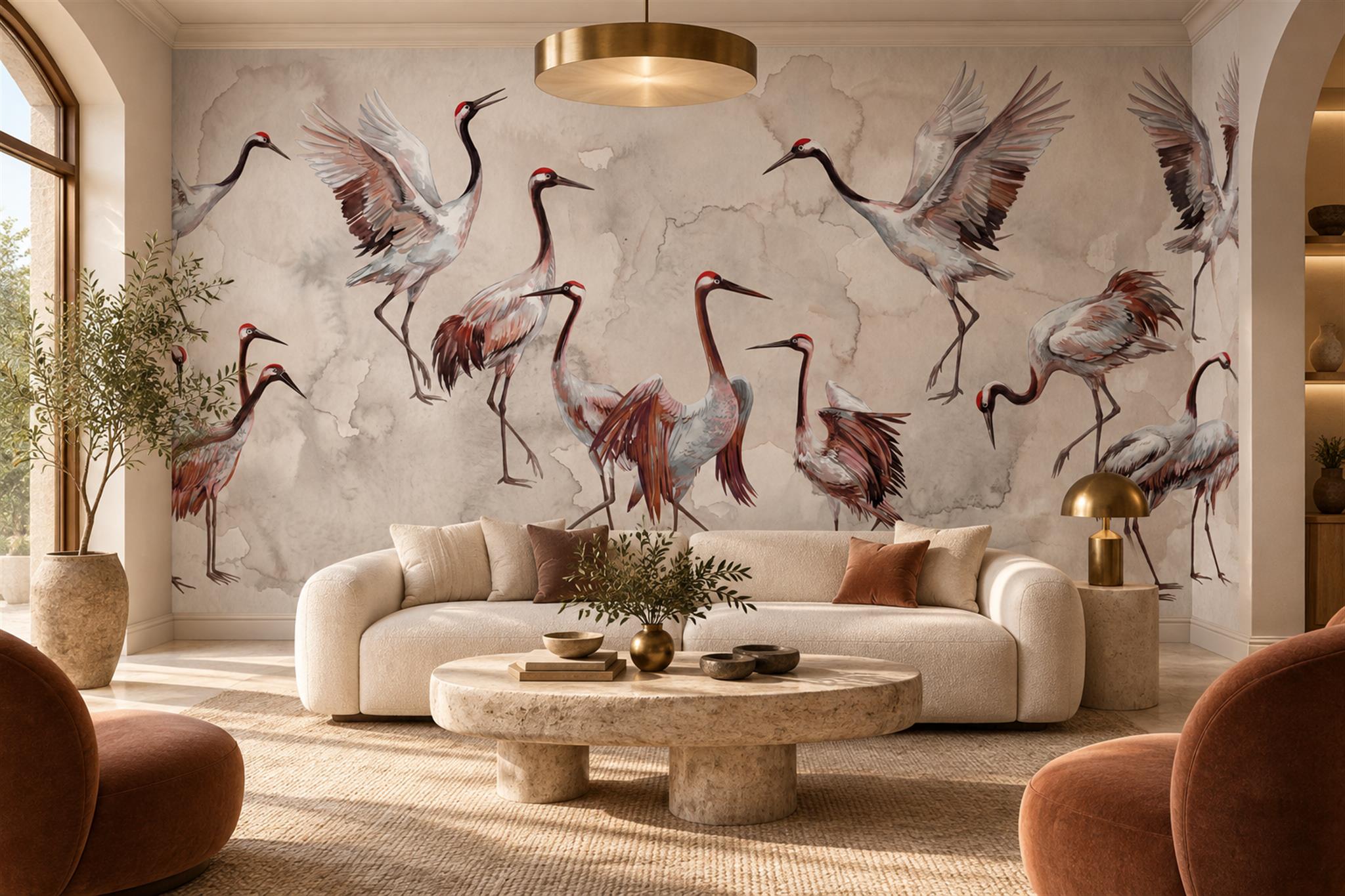 Grey Crane Illustrated Wallpaper Mural Living-room-wallpaper-murals, Shown In A Living Room, Peel-and-stick Finish