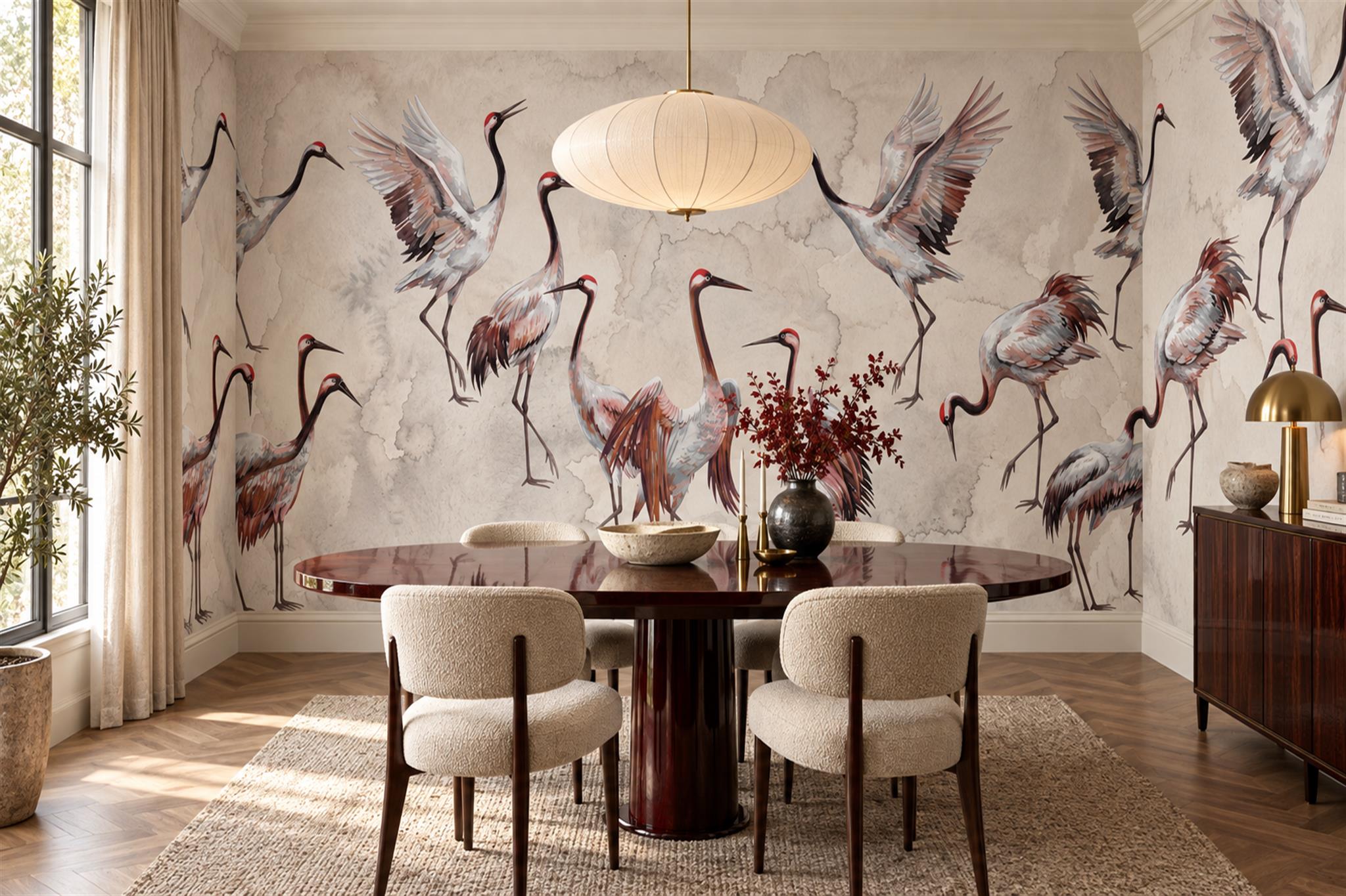 Grey Crane Illustrated Wallpaper Mural Dining-room-wallpaper-murals, Shown In A Dining Room, Peel-and-stick Finish