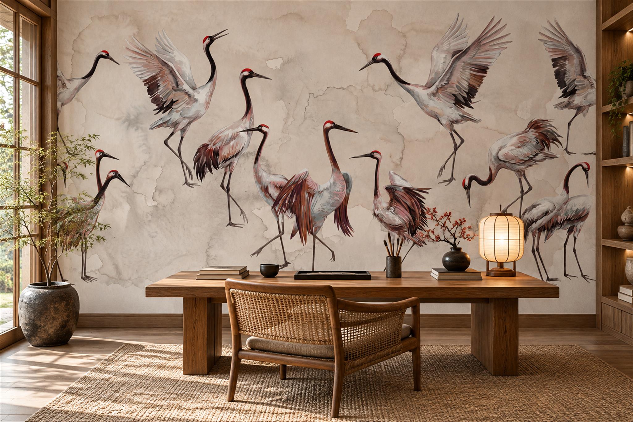 Red-crowned Cranes In Flight Wallpaper Mural — Wallpaper Mural Design, Peel-and-stick Finish