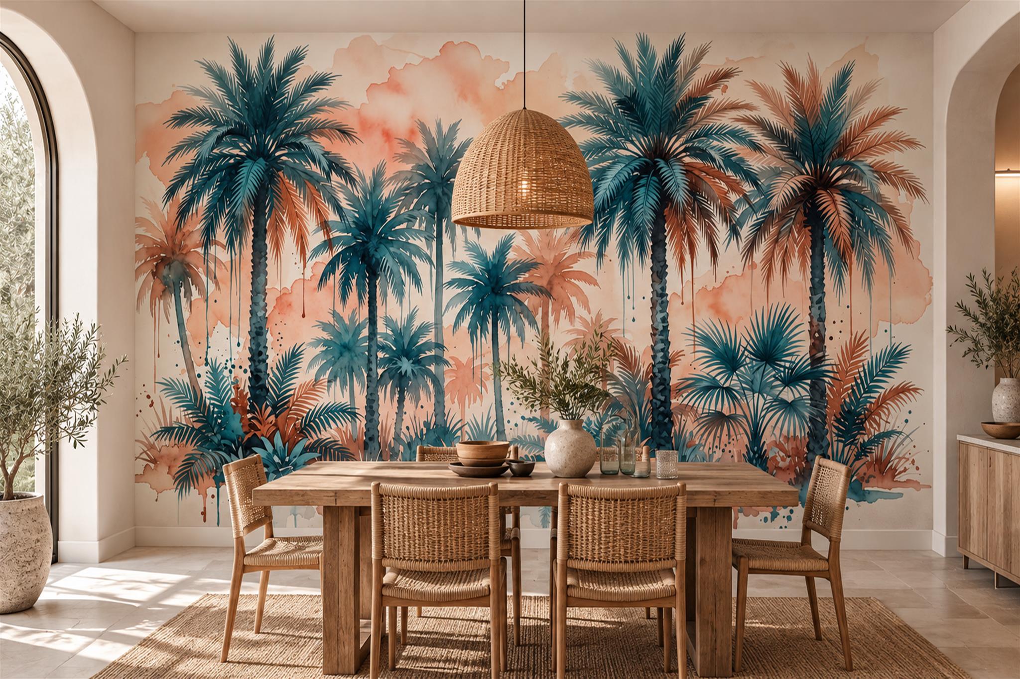 Teal Palm Artful Decorative Wallpaper Mural Dining-room-wallpaper-murals, Shown In A Dining Room, Peel-and-stick Finish