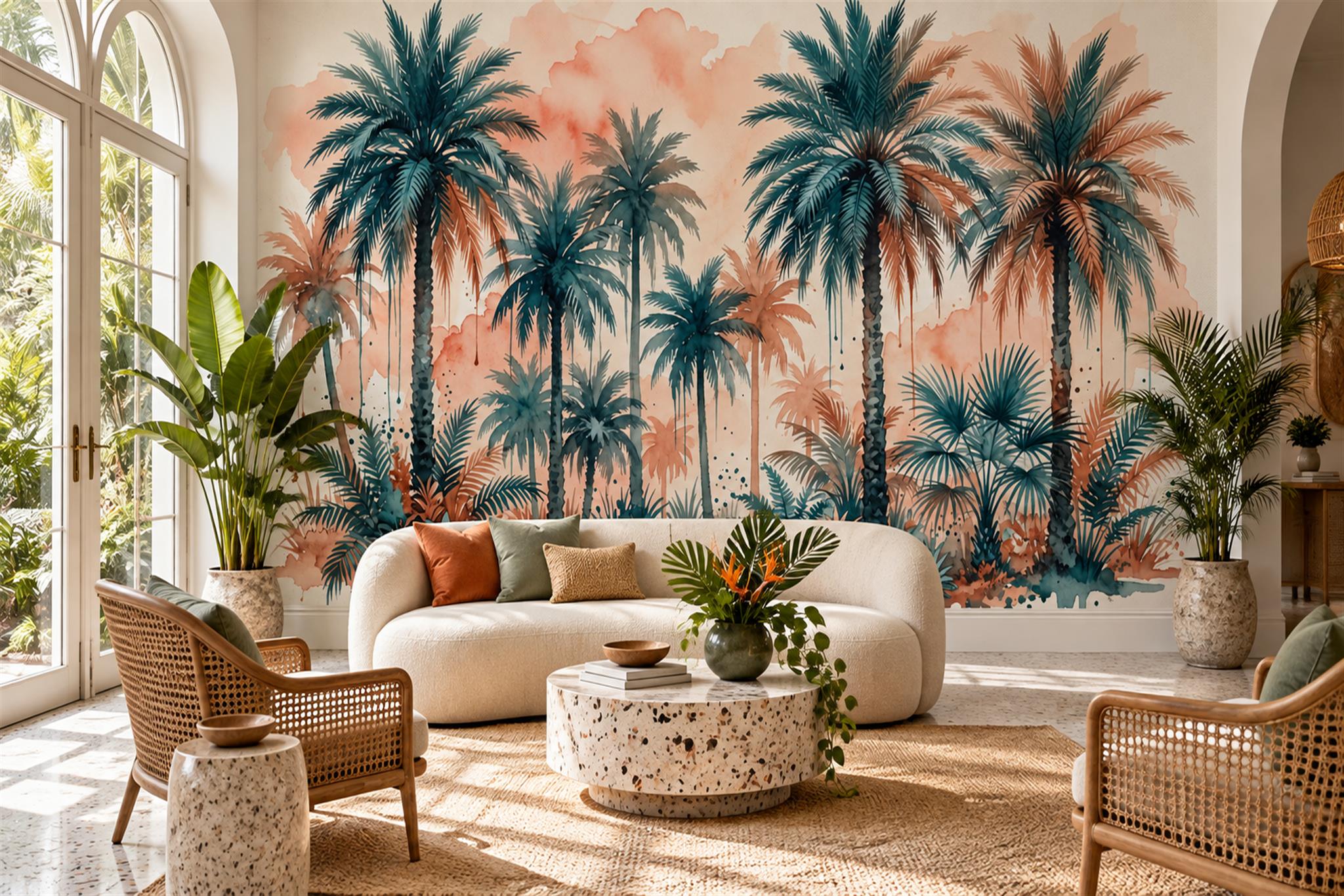 Teal And Terracotta Palm Grove Wallpaper Mural — Wallpaper Mural Design, Peel-and-stick Finish