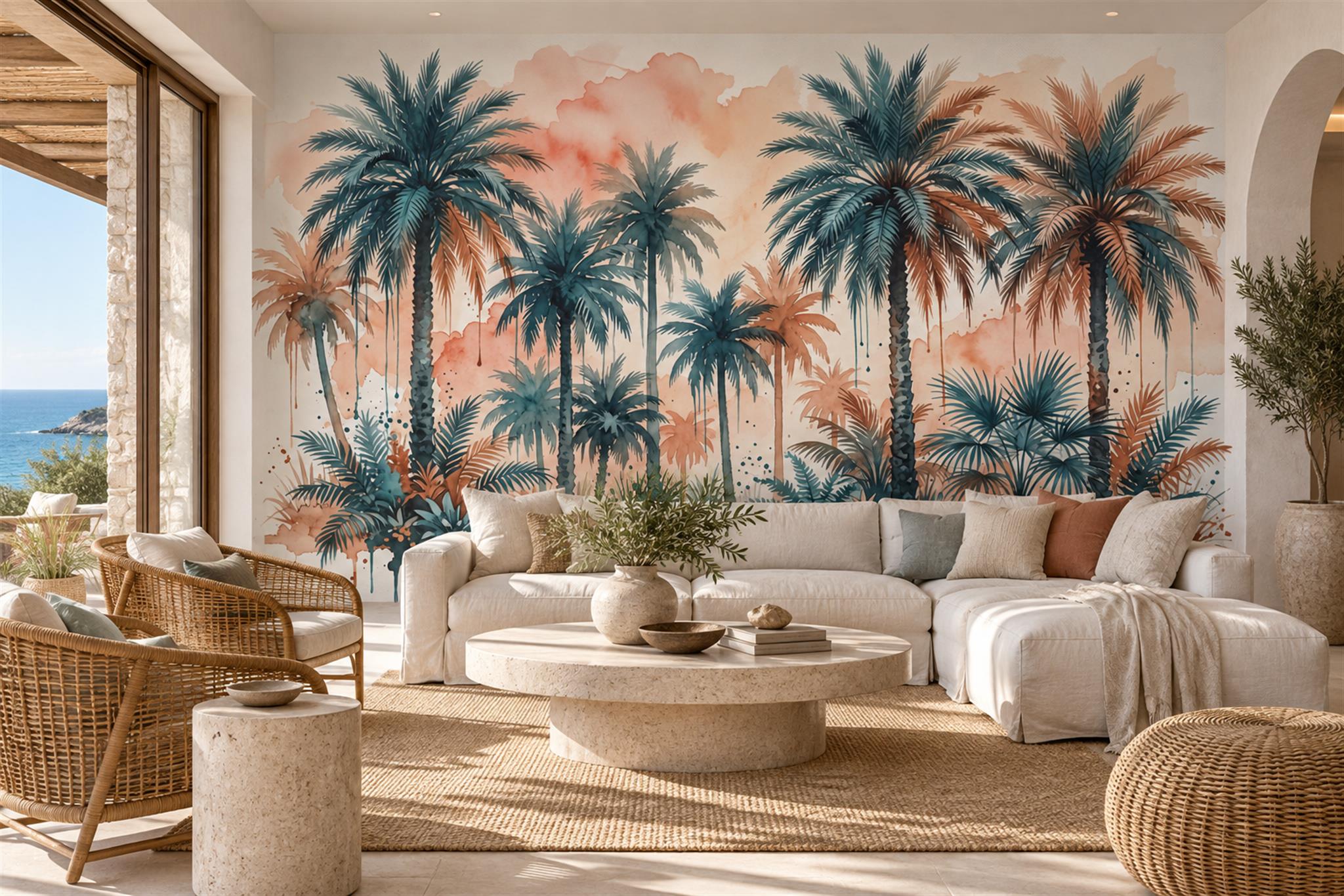 Teal Palm Artful Decorative Wallpaper Mural Accent-wall-wallpaper-murals, Peel-and-stick Finish