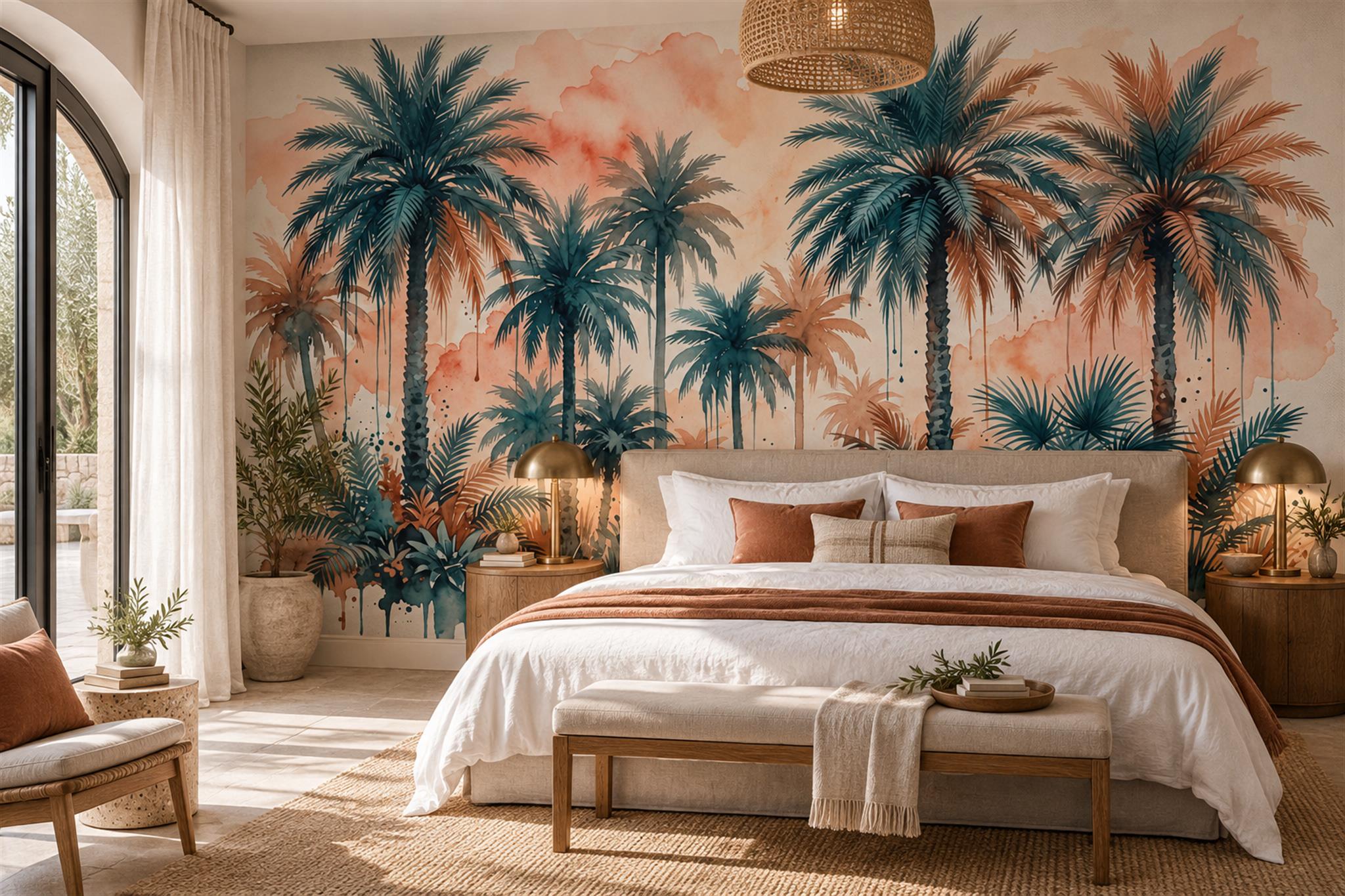 Teal Palm Artful Decorative Wallpaper Mural Bedroom-wallpaper-murals, Peel-and-stick Finish