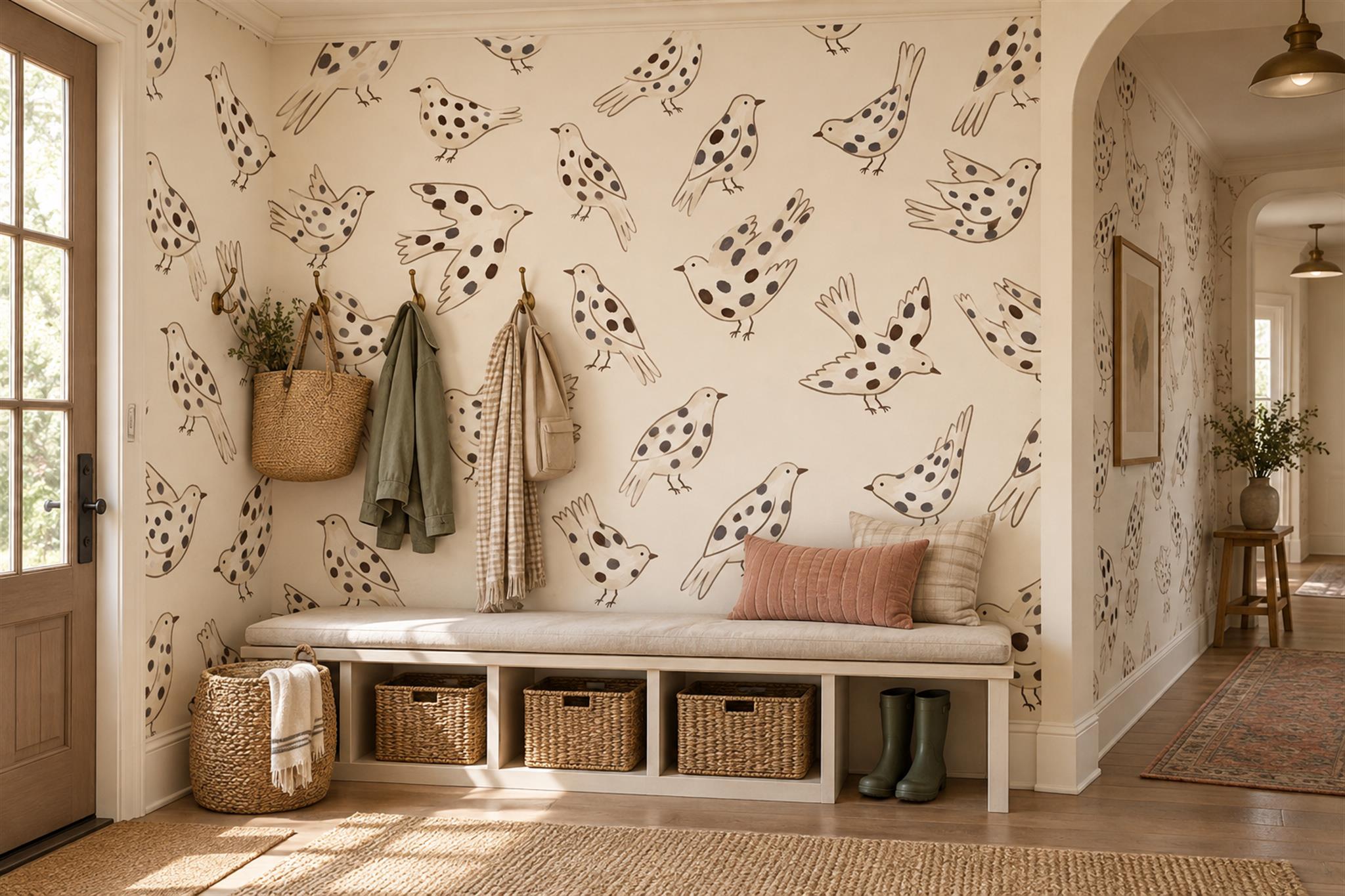 Beige Bird Illustrated Painterly Wallpaper Mural Entryway-wallpaper-murals, Peel-and-stick Finish