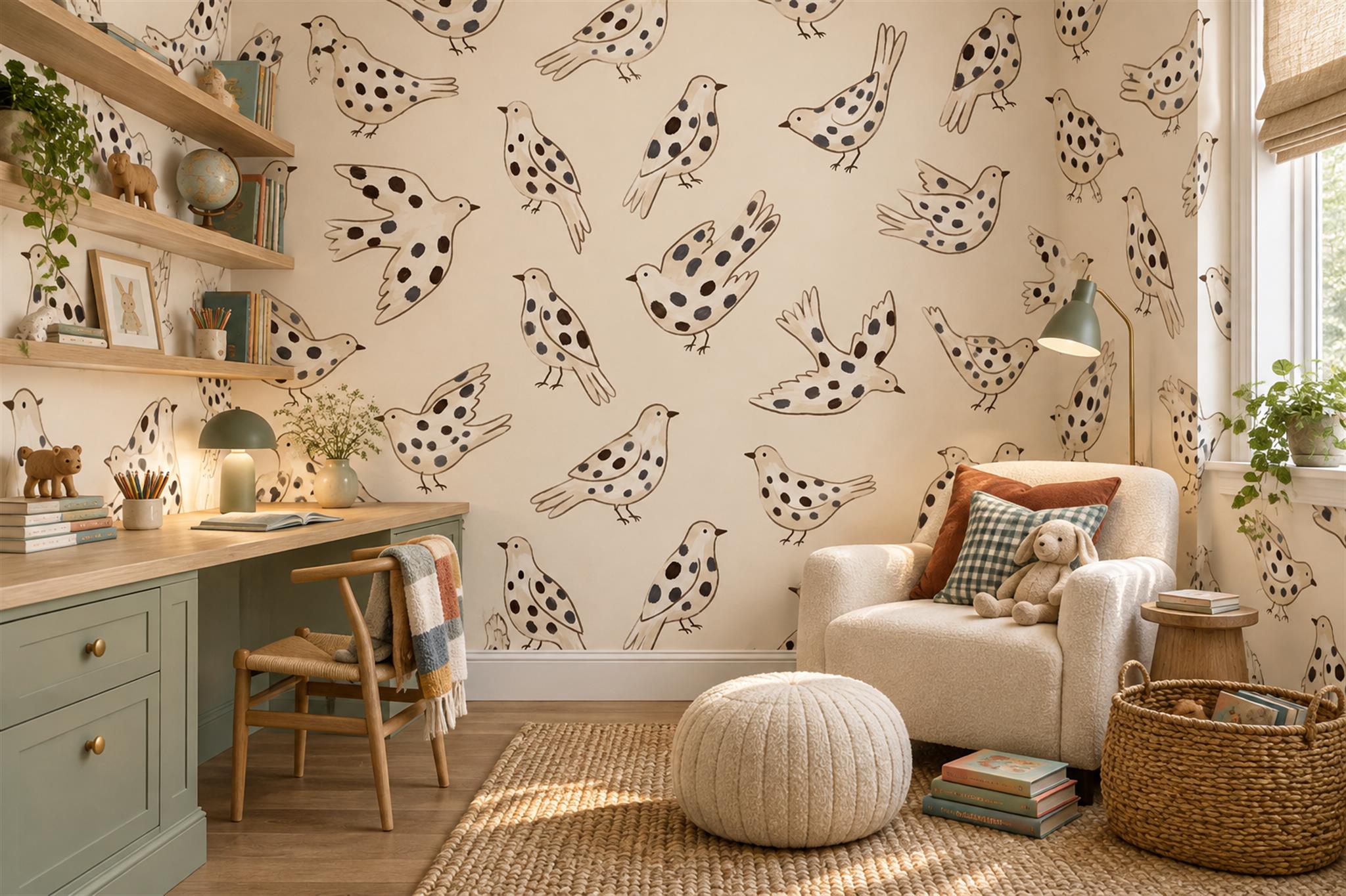 Beige Bird Illustrated Painterly Wallpaper Mural Home-office-wallpaper-murals, Shown In A Home Office, Peel-and-stick Finish
