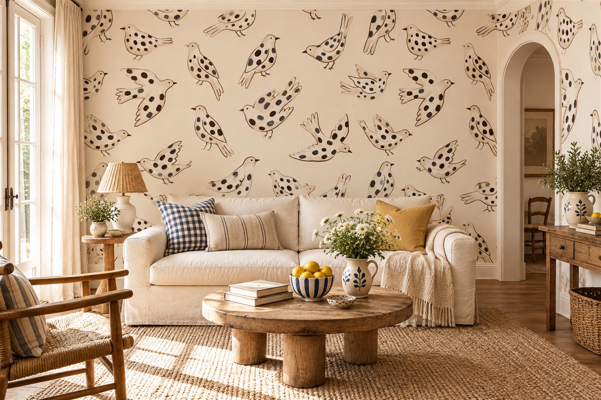 Spotted Cream Songbirds Wallpaper Mural — Wallpaper Mural Design, Peel-and-stick Finish