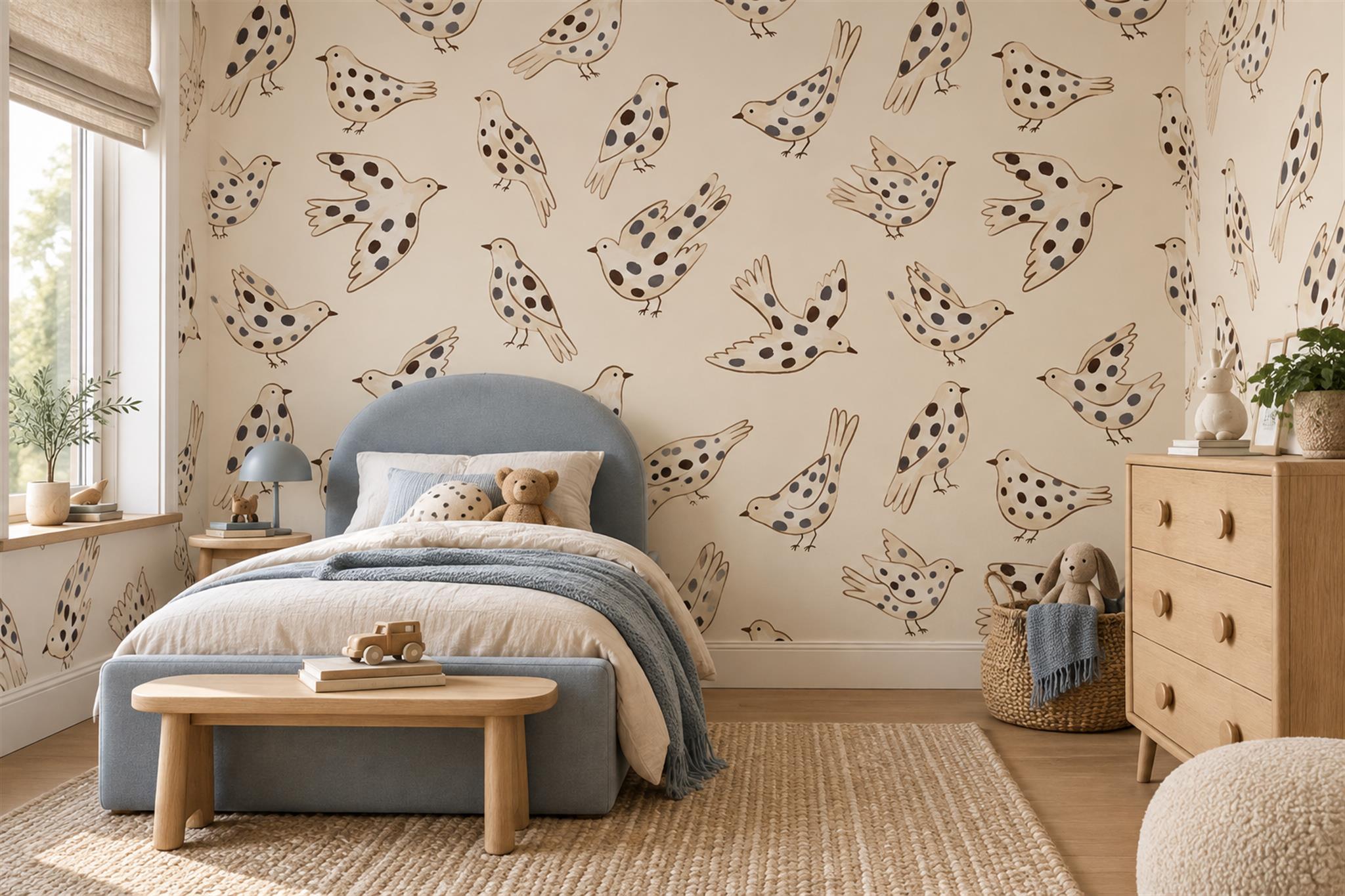 Beige Bird Illustrated Painterly Wallpaper Mural Feature-wall-wallpaper-murals, Peel-and-stick Finish