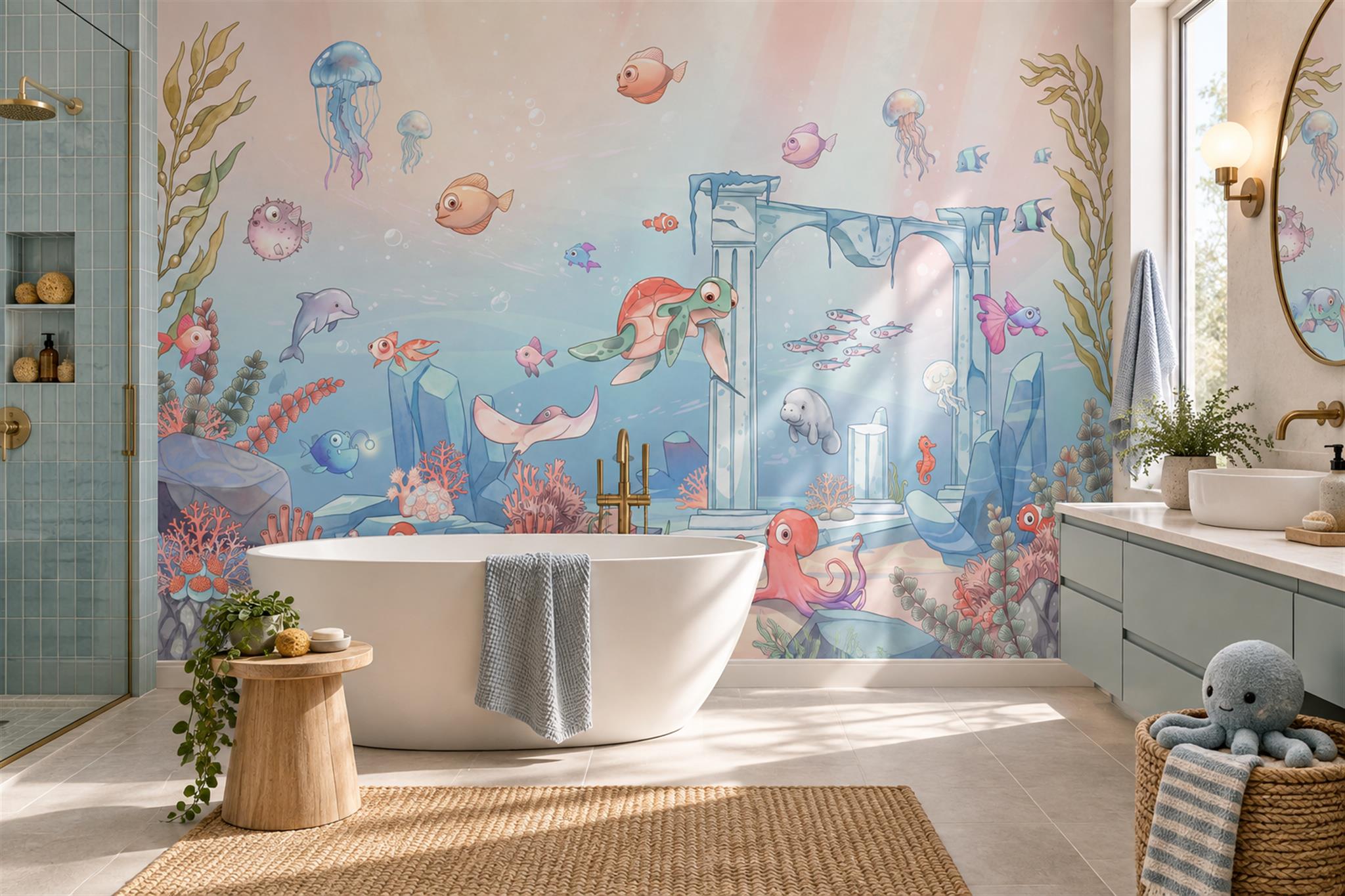 Pastel Ocean Scenic Wallpaper Mural Bathroom-wallpaper-murals, Peel-and-stick Finish