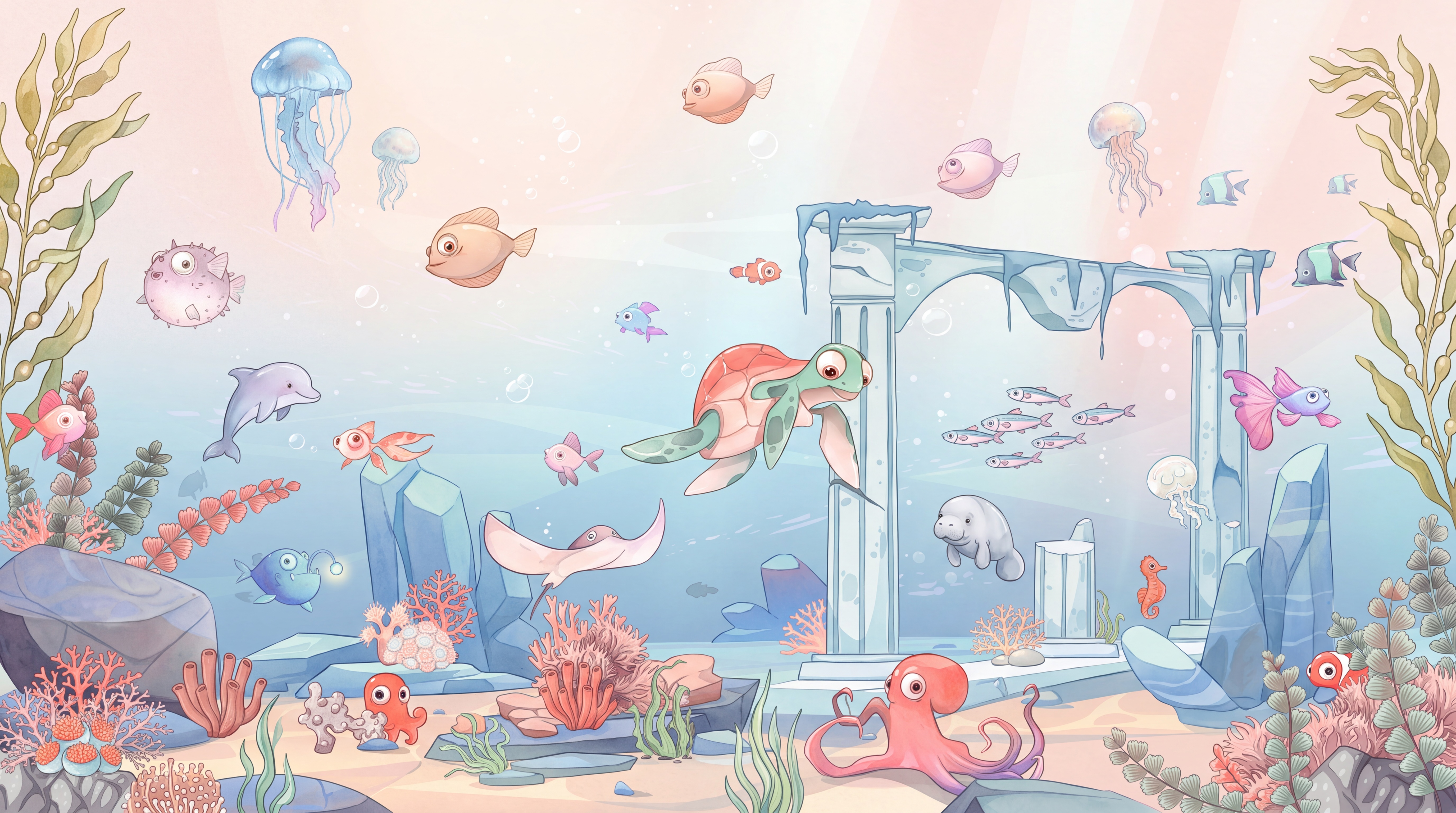 Pastel Ocean Scenic Wallpaper Mural, Peel-and-stick Finish