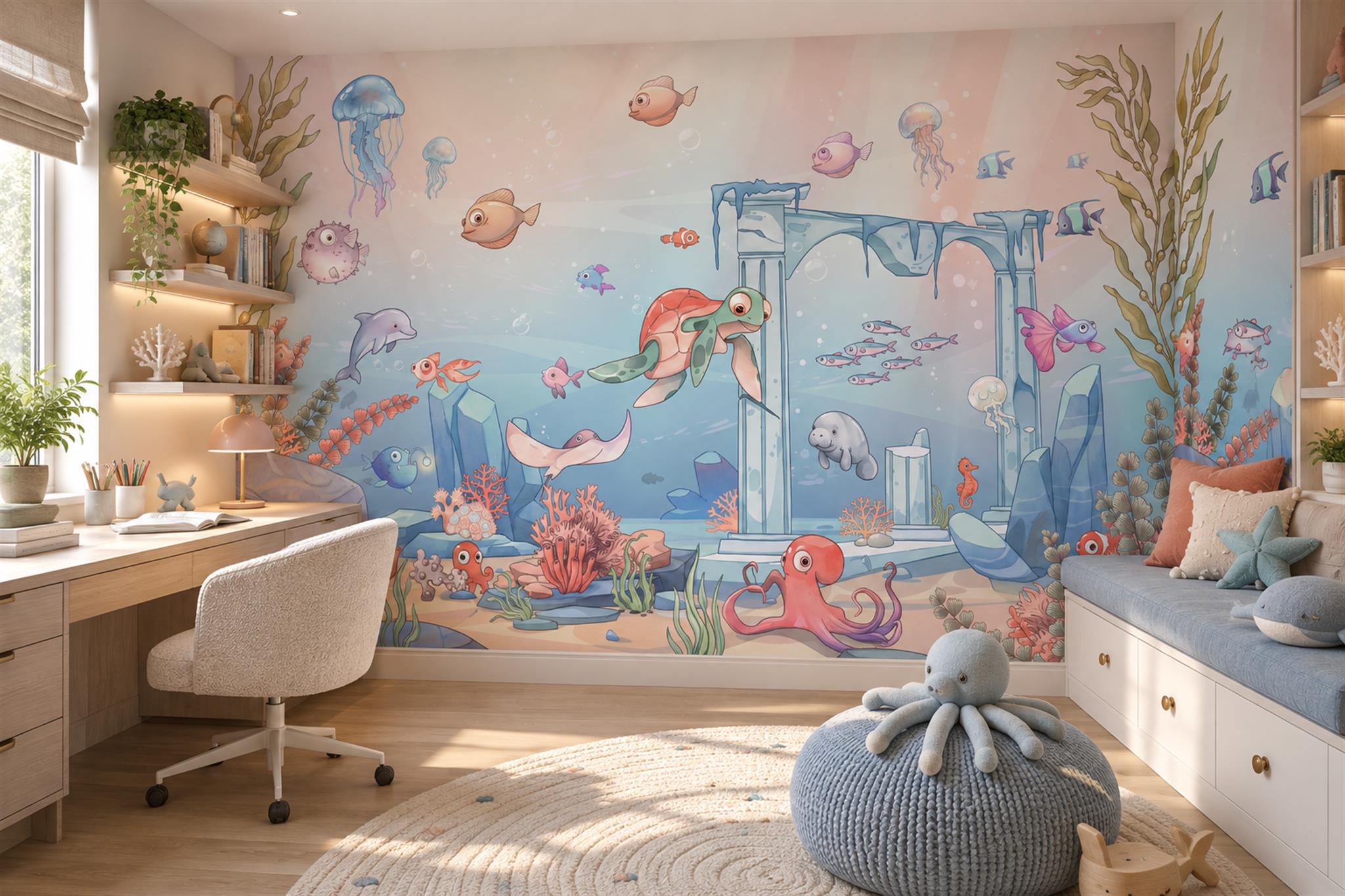Pastel Ocean Scenic Wallpaper Mural Home-office-wallpaper-murals, Shown In A Home Office, Peel-and-stick Finish
