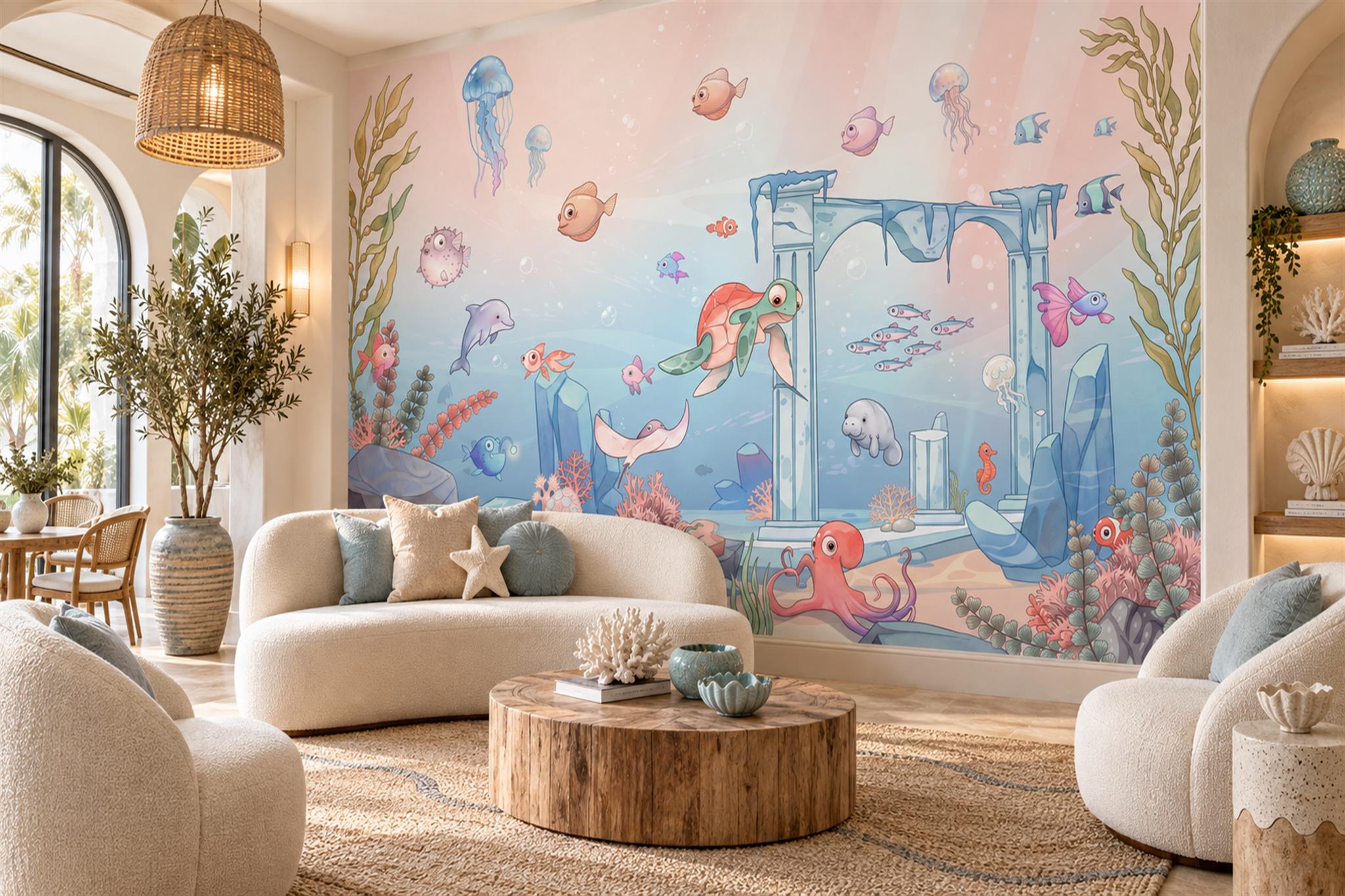 Pastel Ocean Scenic Wallpaper Mural Living-room-wallpaper-murals, Peel-and-stick Finish