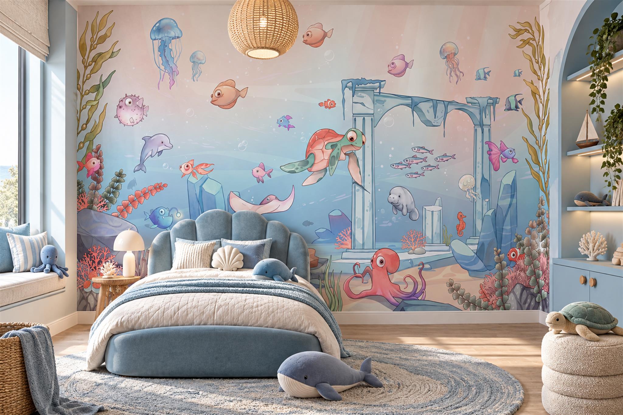 Pastel Ocean Scenic Wallpaper Mural Living-room-wallpaper-murals, Peel-and-stick Finish