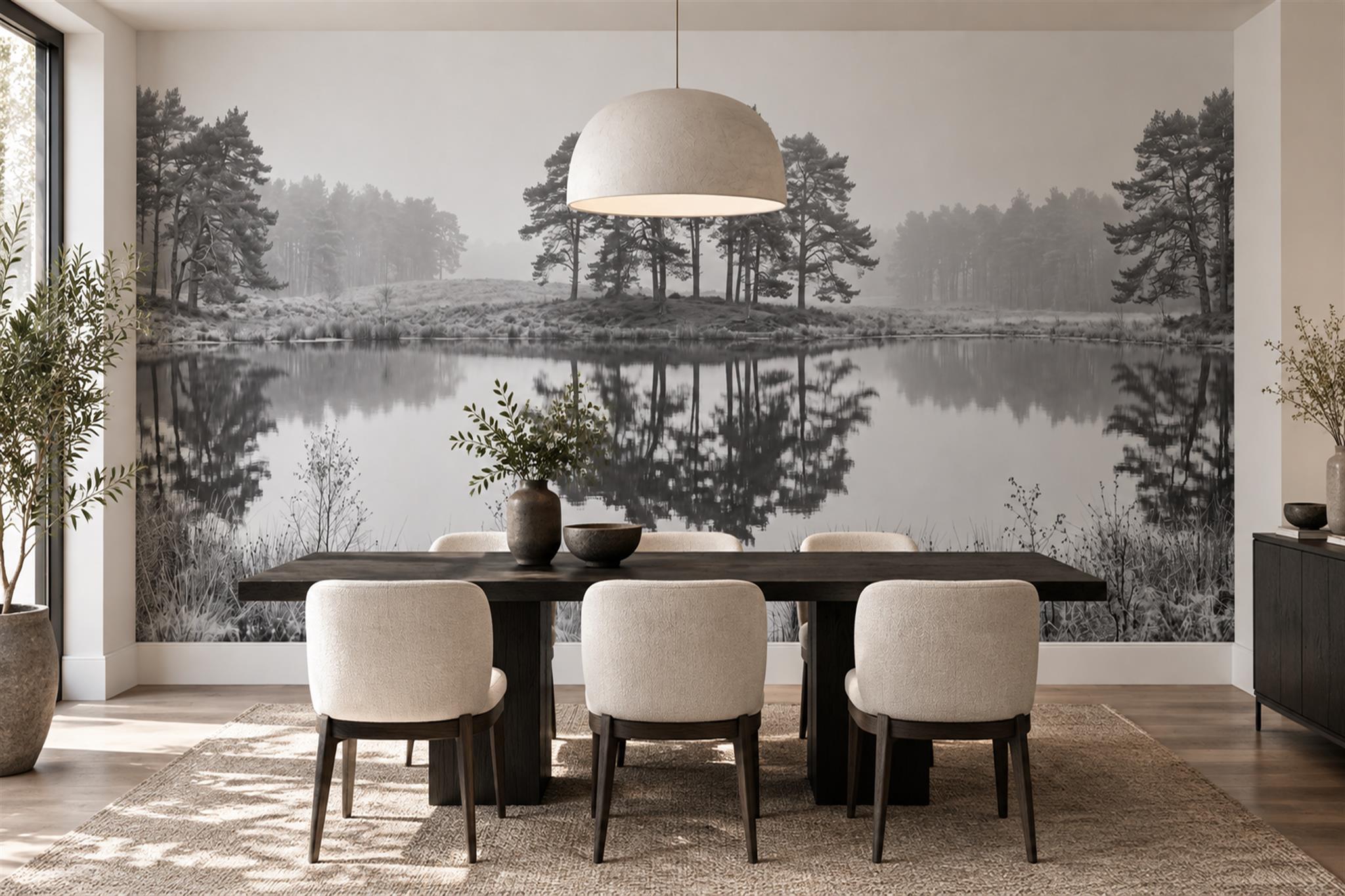 Grey Scenic Scenic Illustrated Wallpaper Mural Dining-room-wallpaper-murals, Shown In A Dining Room, Peel-and-stick Finish