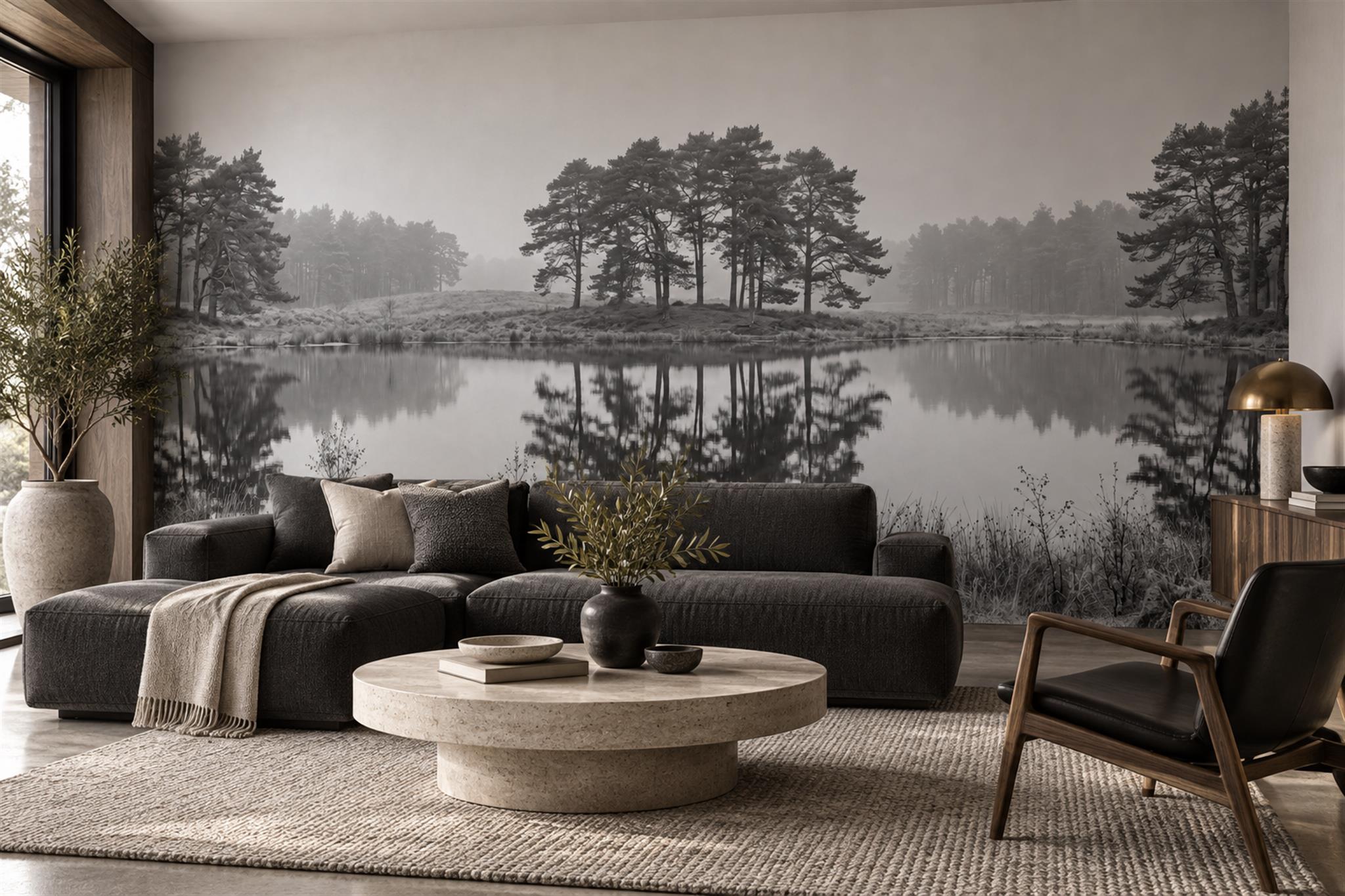 Grey Scenic Scenic Illustrated Wallpaper Mural Living-room-wallpaper-murals, Shown In A Living Room, Peel-and-stick Finish