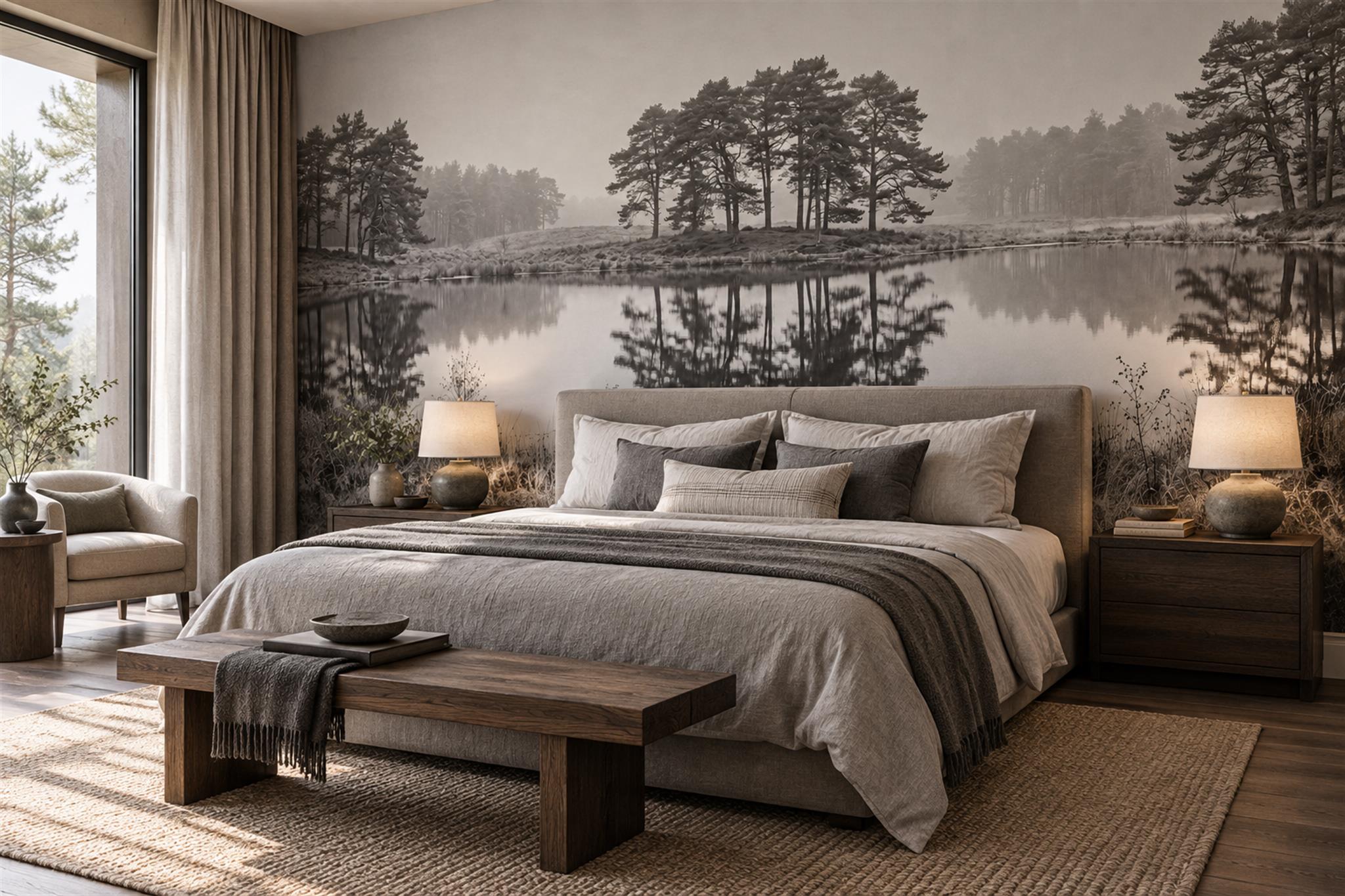 Misty Grey Pine Lake Reflection Wallpaper Mural — Installed Wallpaper Mural In A Bedroom, Peel-and-stick Finish