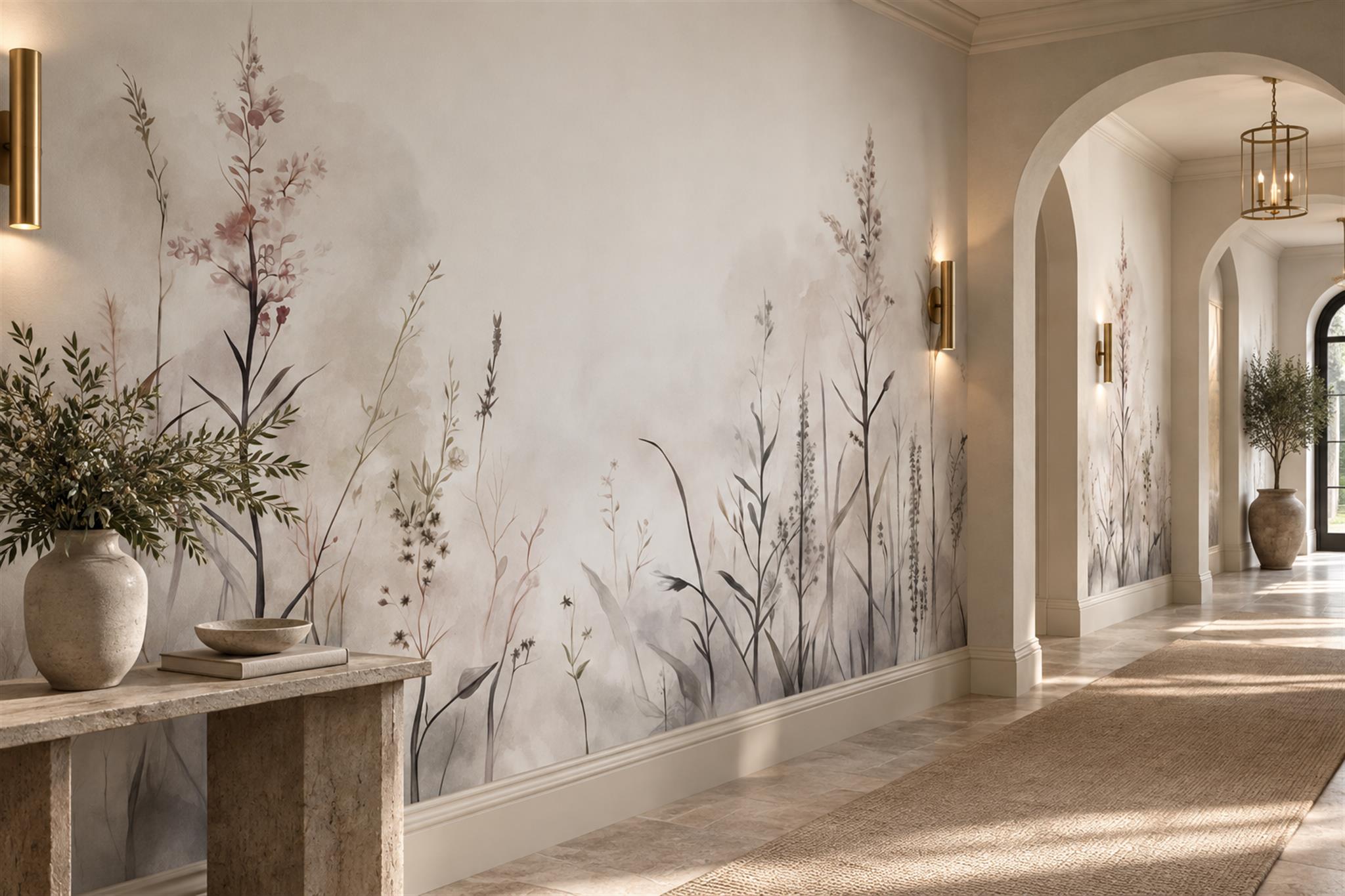 Beige Grasses Artful Layered Wallpaper Mural Hallway-wallpaper-murals, Peel-and-stick Finish