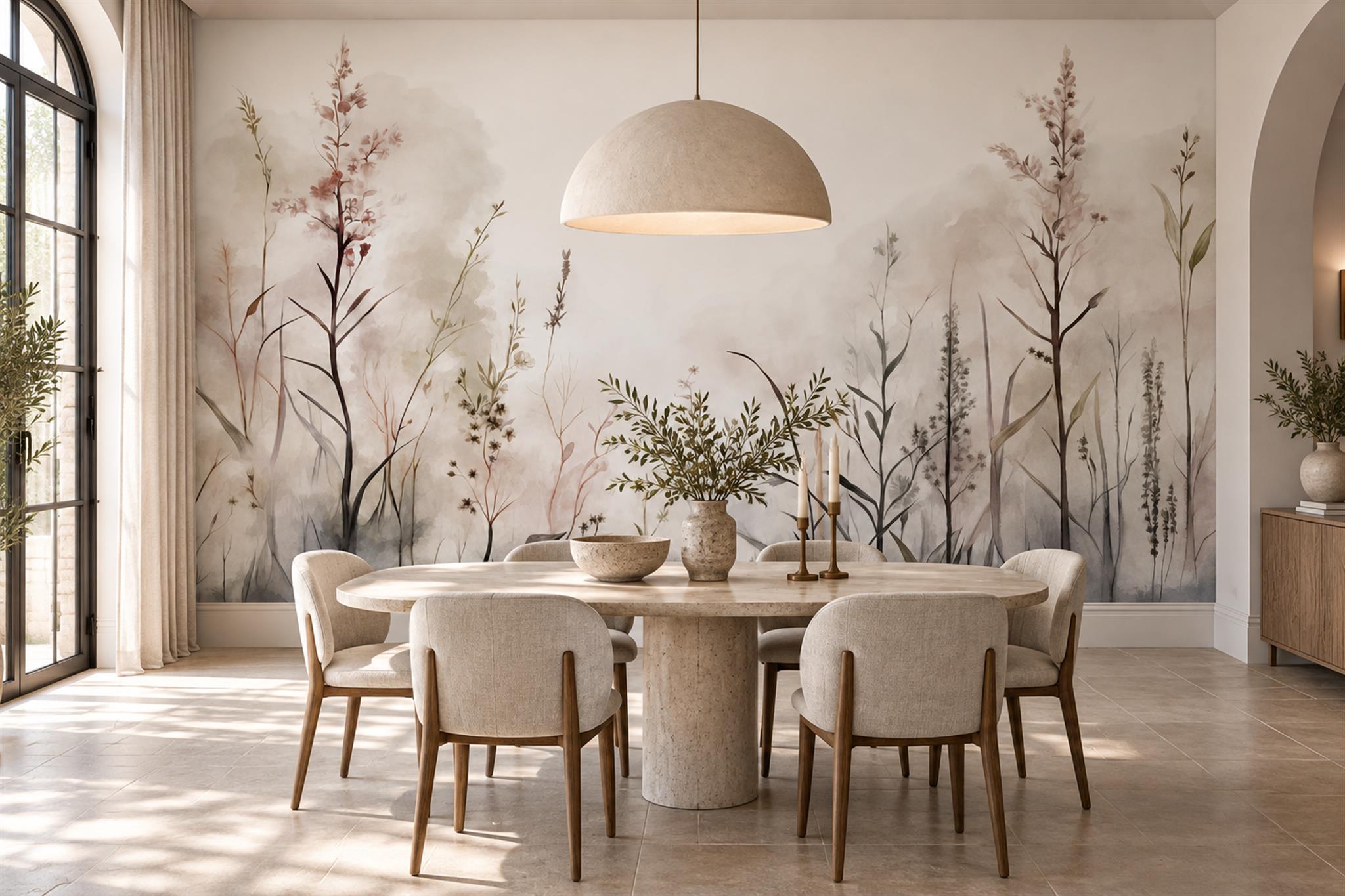 Beige Grasses Artful Layered Wallpaper Mural Dining-room-wallpaper-murals, Shown In A Dining Room, Peel-and-stick Finish