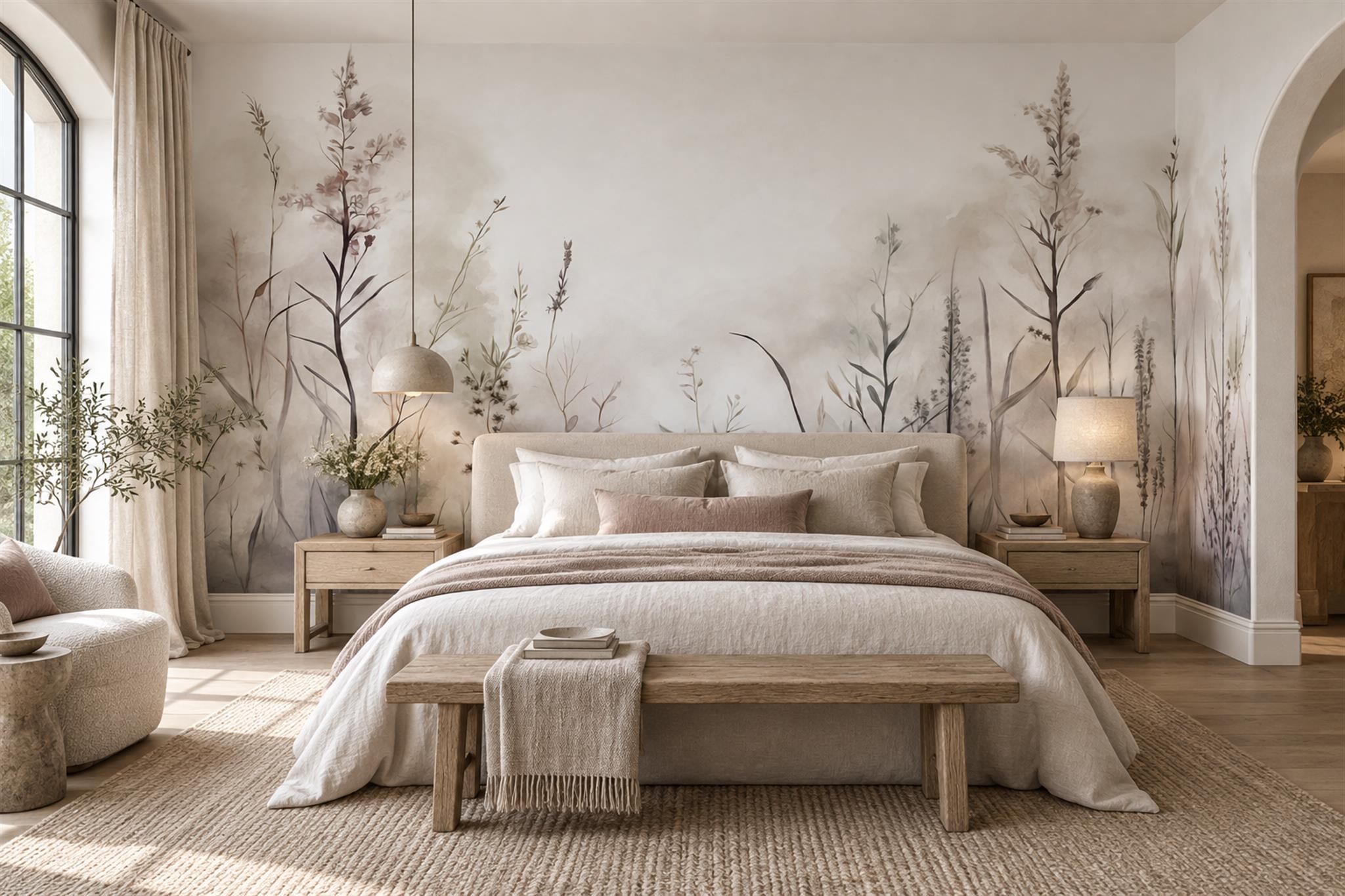 Soft Beige Wildflower Meadow Wallpaper Mural — Installed Wallpaper Mural In A Bedroom, Peel-and-stick Finish