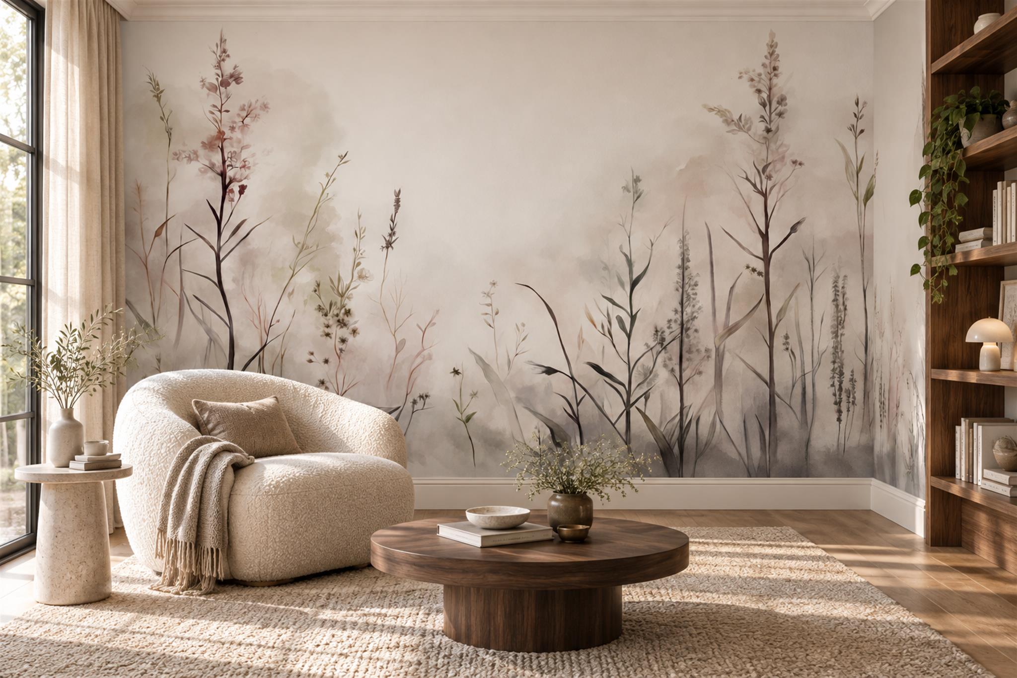 Beige Grasses Artful Layered Wallpaper Mural Home-office-wallpaper-murals, Shown In A Home Office, Peel-and-stick Finish