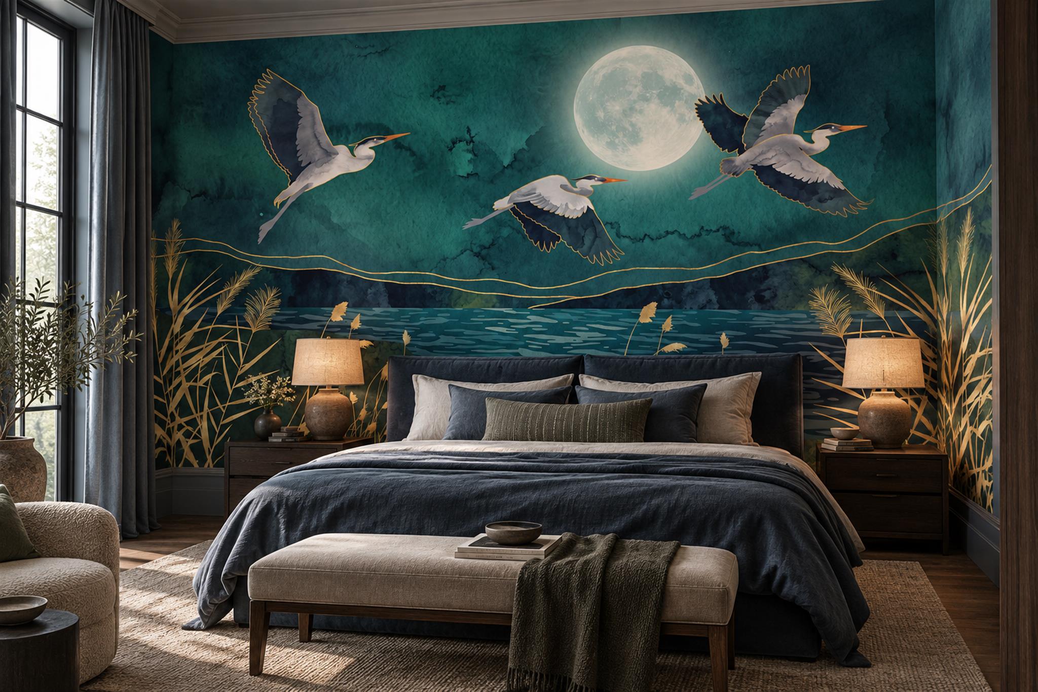 Teal Heron Illustrated Abstract Wallpaper Mural Bedroom-wallpaper-murals, Peel-and-stick Finish