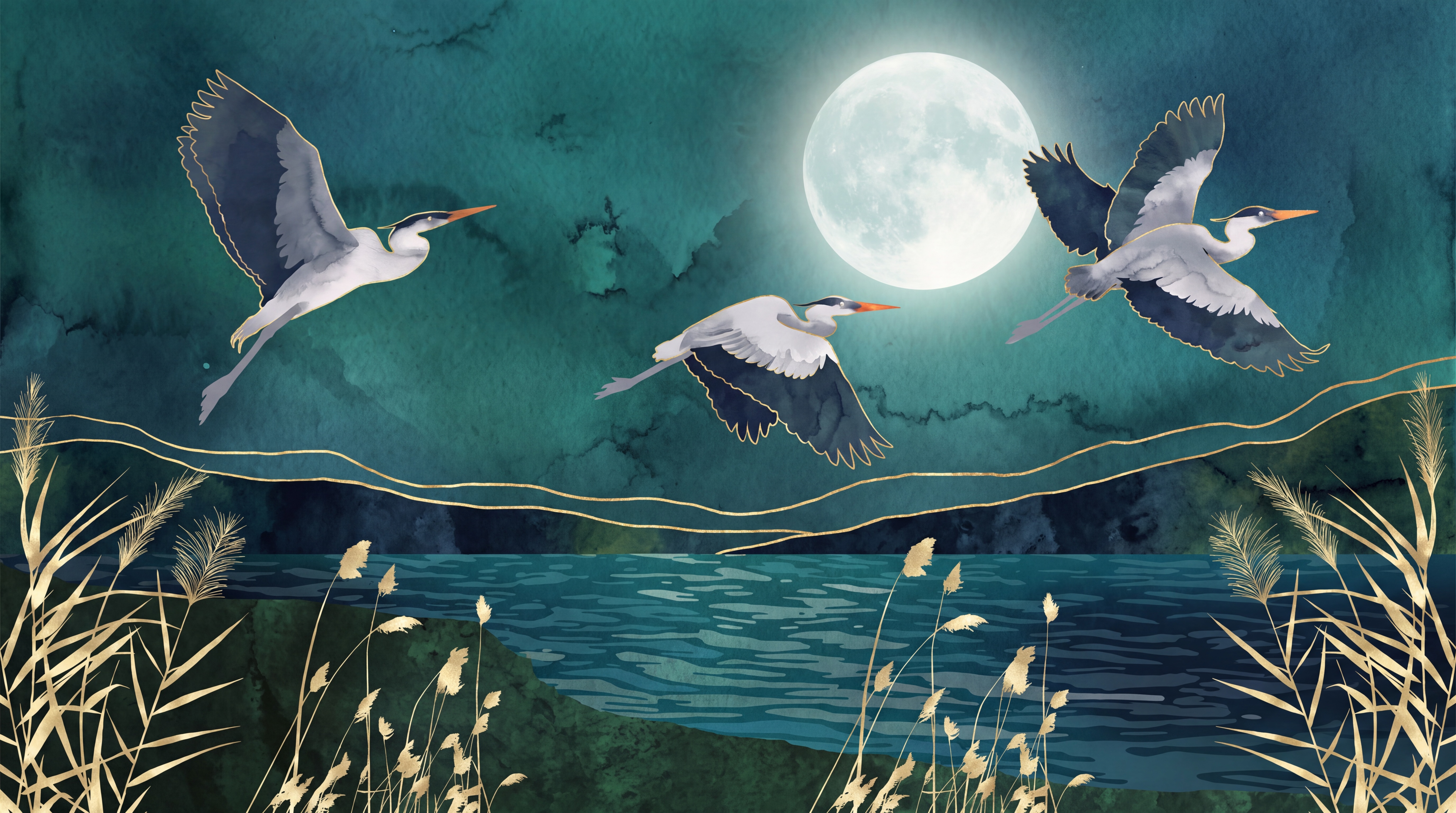 Teal Heron Illustrated Abstract Wallpaper Mural, Peel-and-stick Finish