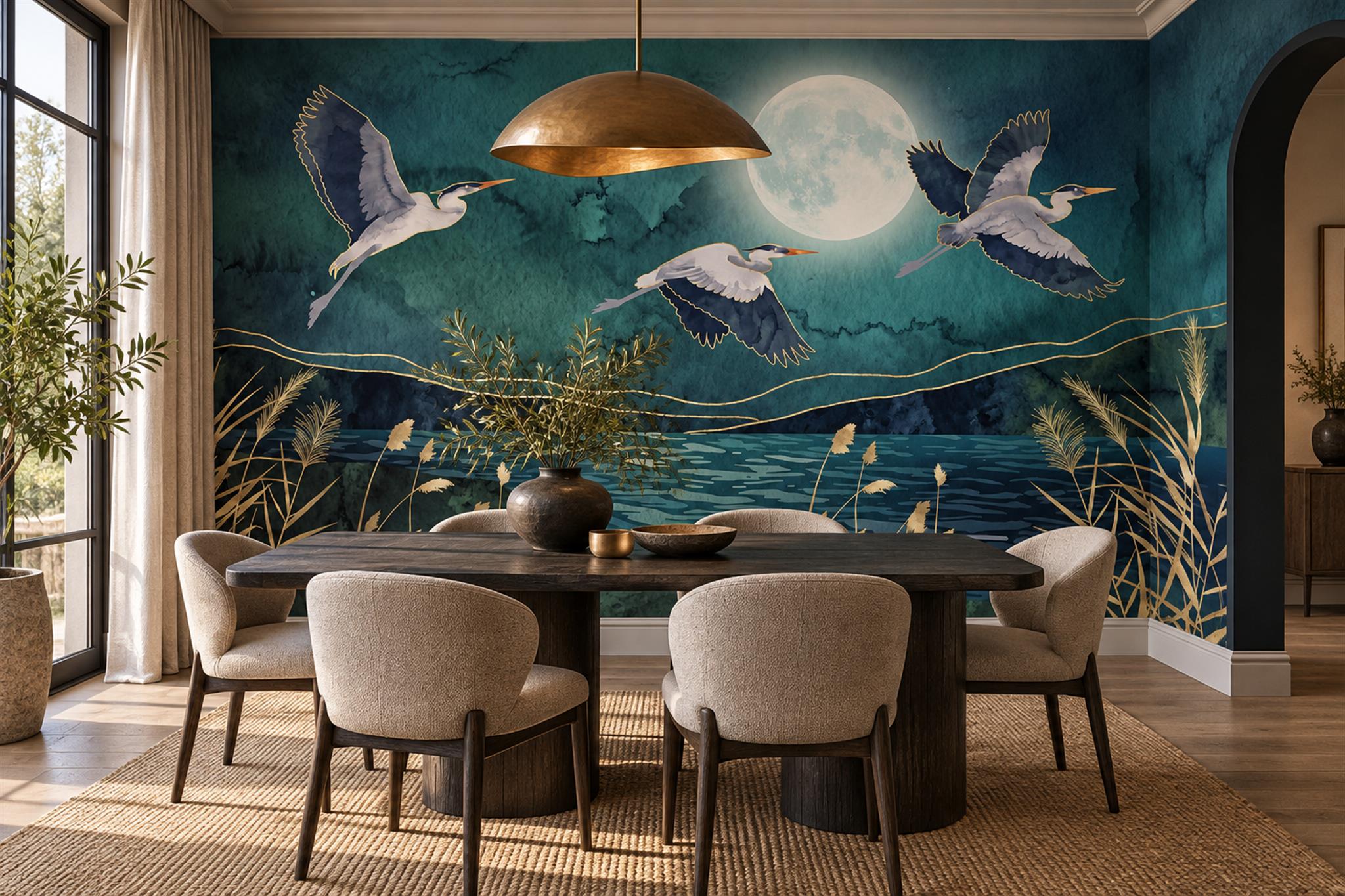 Moonlit Herons Over A Teal Wetland Wallpaper Mural — Wallpaper Mural Design, Peel-and-stick Finish