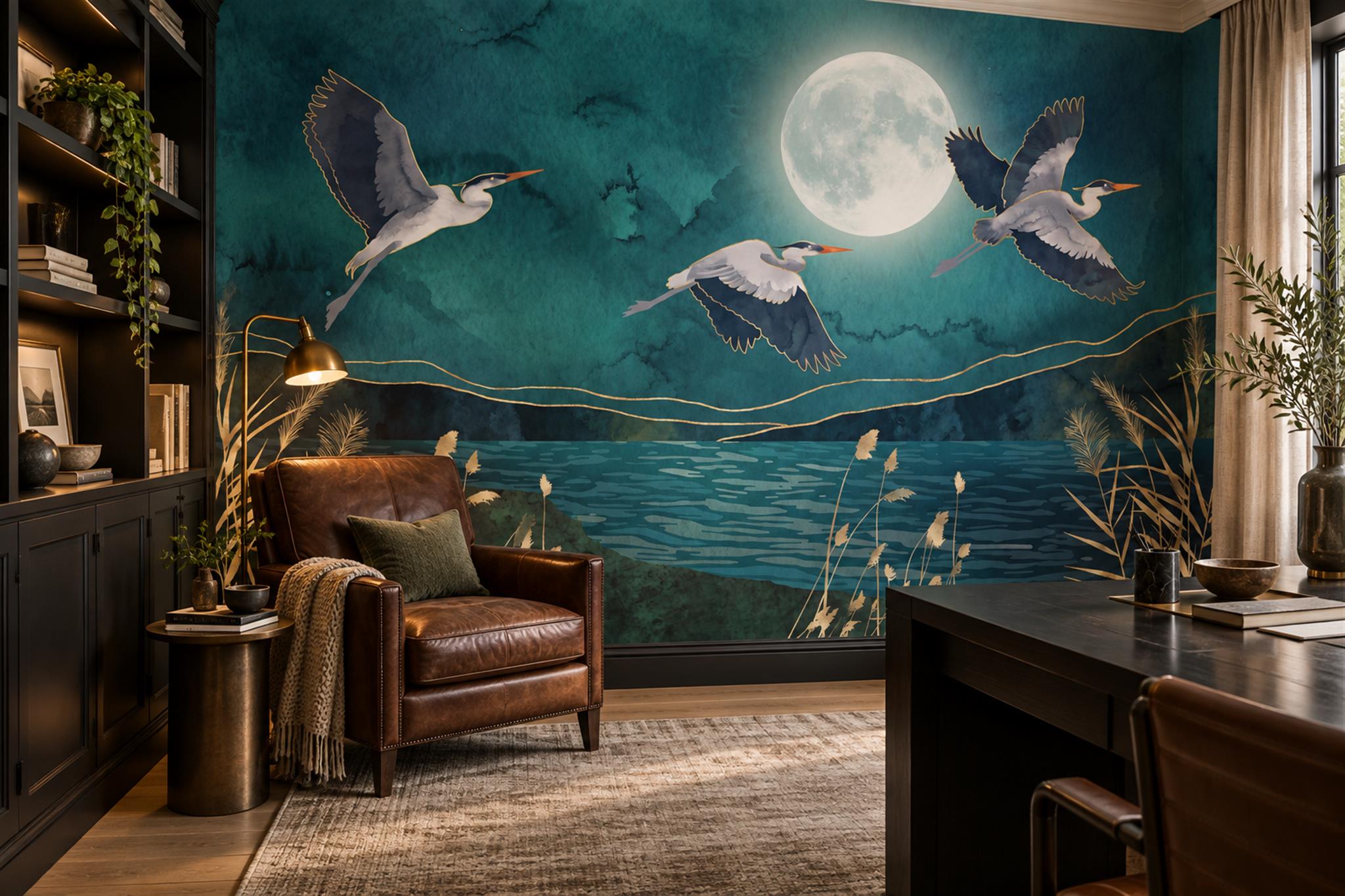 Teal Heron Illustrated Abstract Wallpaper Mural Home-office-wallpaper-murals, Shown In A Home Office, Peel-and-stick Finish