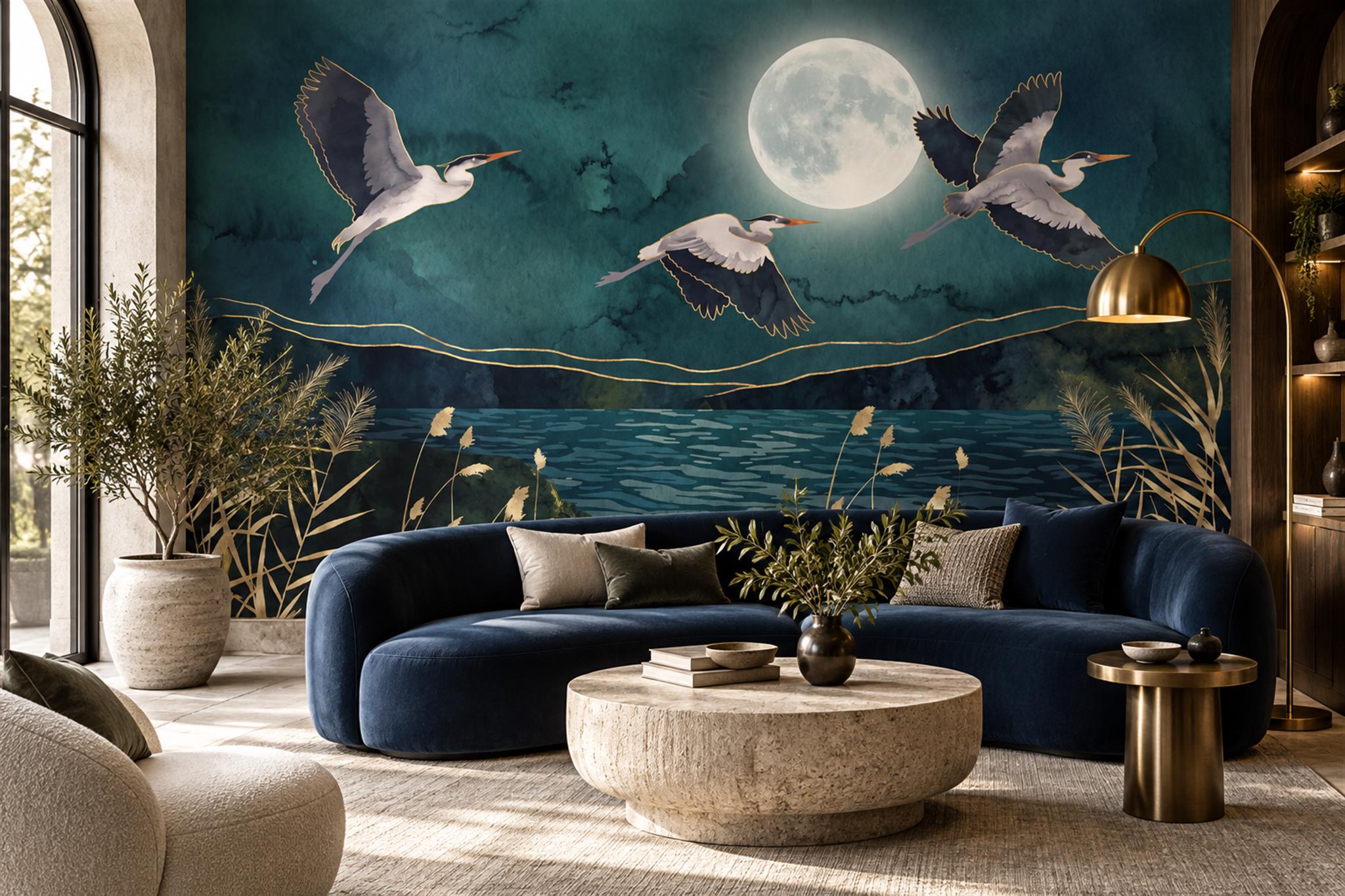 Teal Heron Illustrated Abstract Wallpaper Mural Feature-wall-wallpaper-murals, Peel-and-stick Finish