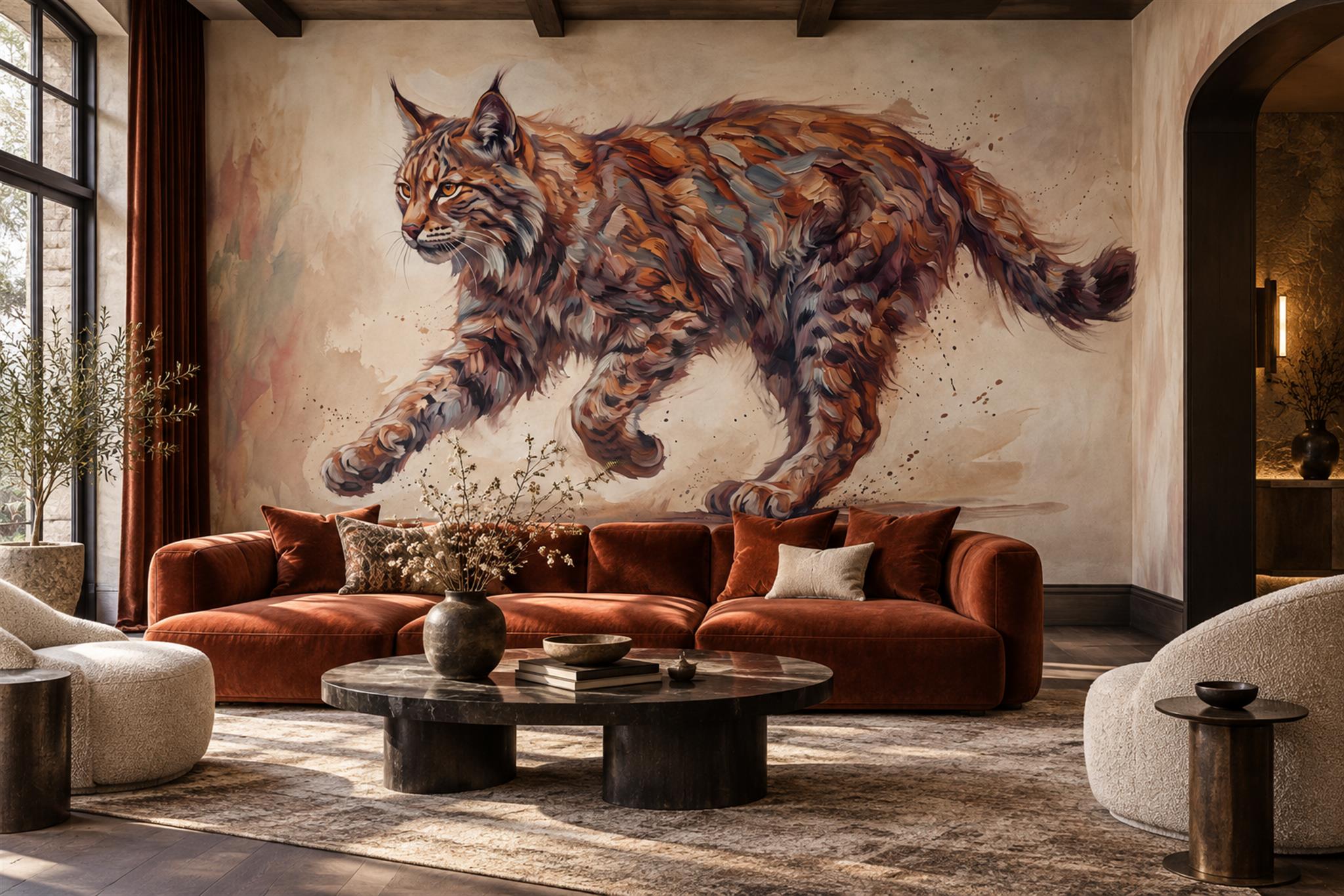 Painterly Running Lynx Wallpaper Mural — Wallpaper Mural Design, Peel-and-stick Finish