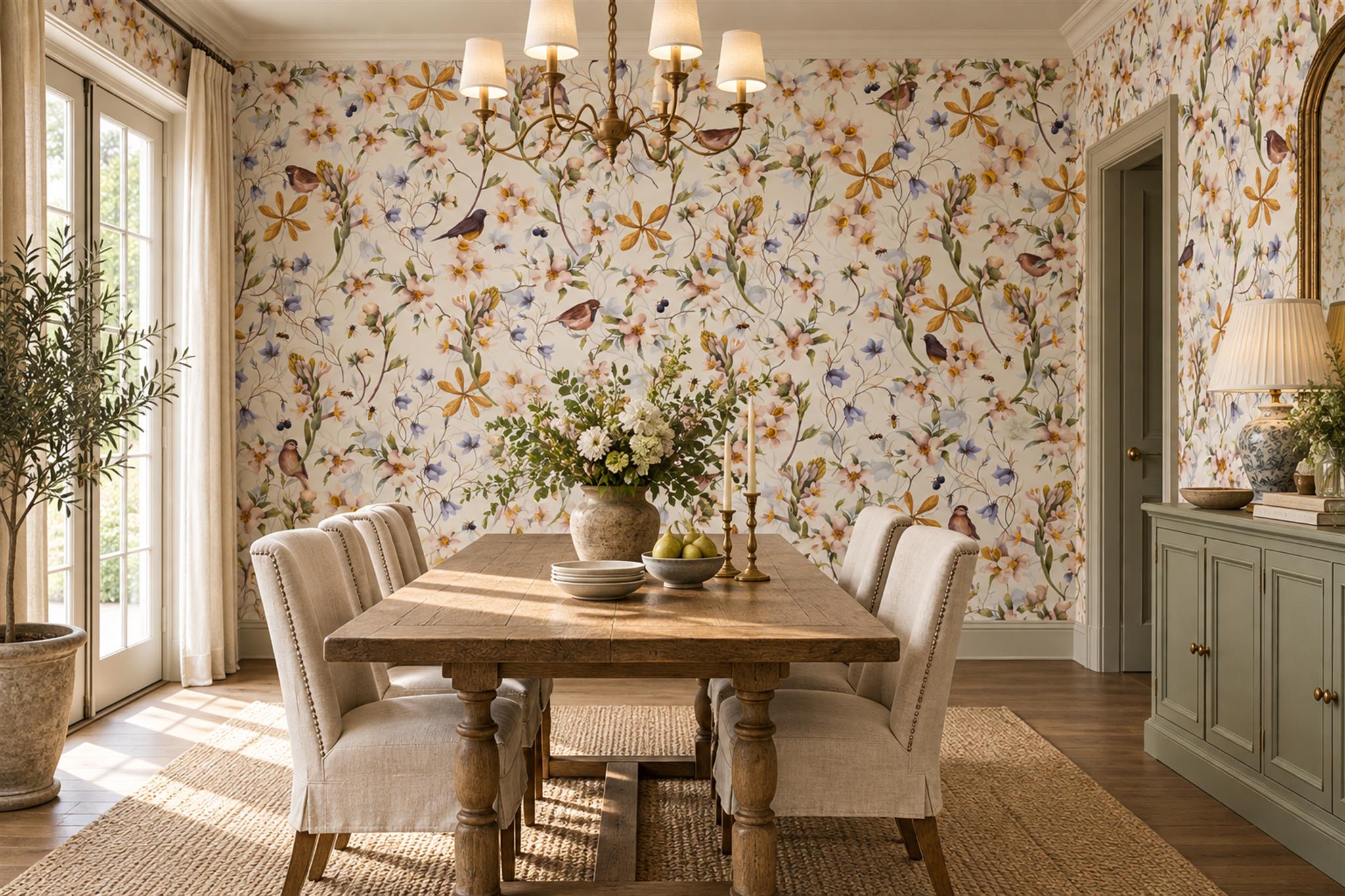 Cream Wildflowers And Garden Birds Wallpaper Mural — Wallpaper Mural Design, Peel-and-stick Finish