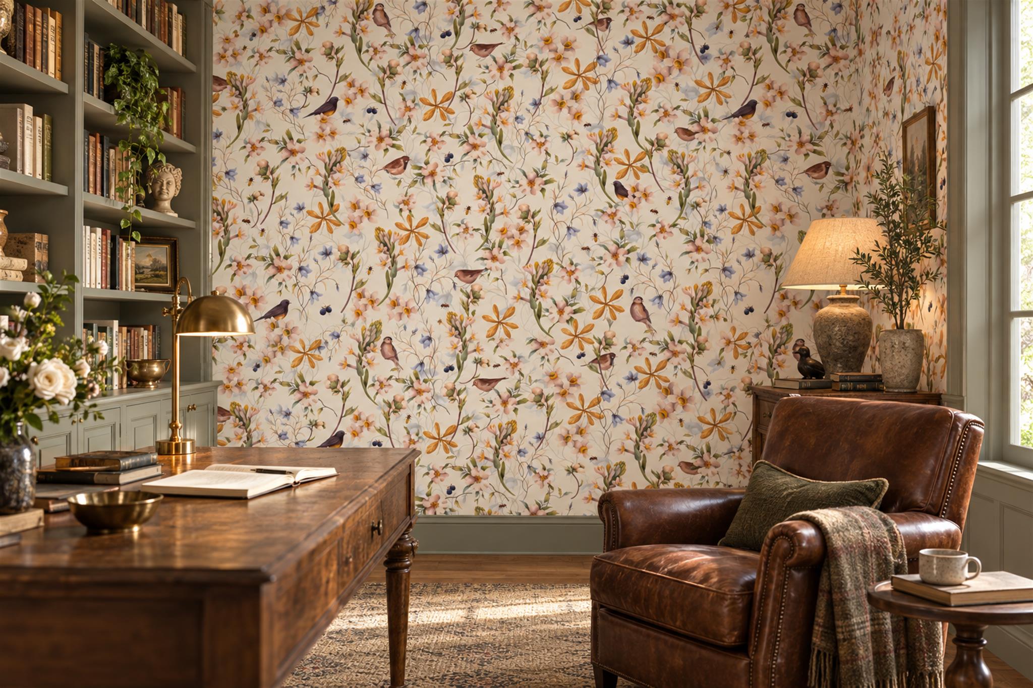 Cream Floral Botanical Vintage Wallpaper Mural Home-office-wallpaper-murals, Shown In A Home Office, Peel-and-stick Finish