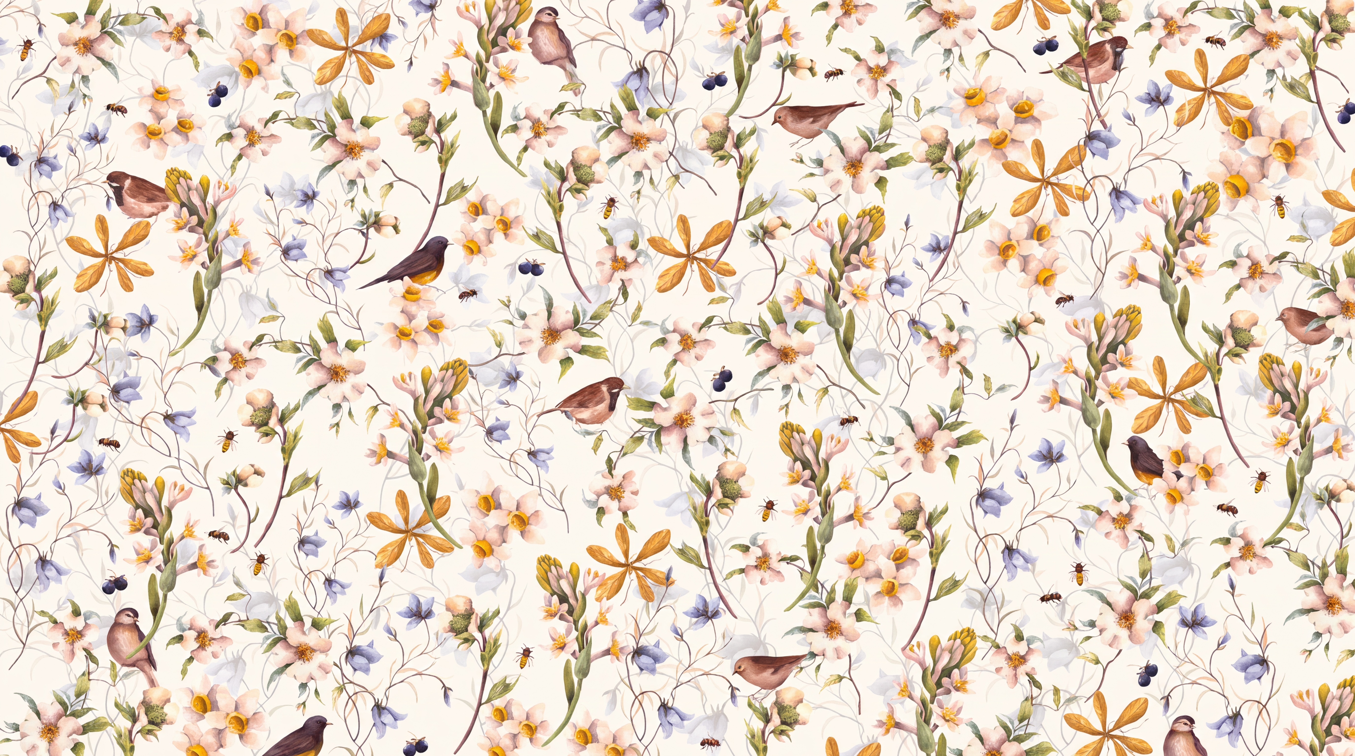 Cream Floral Botanical Vintage Wallpaper Mural, Peel-and-stick Finish