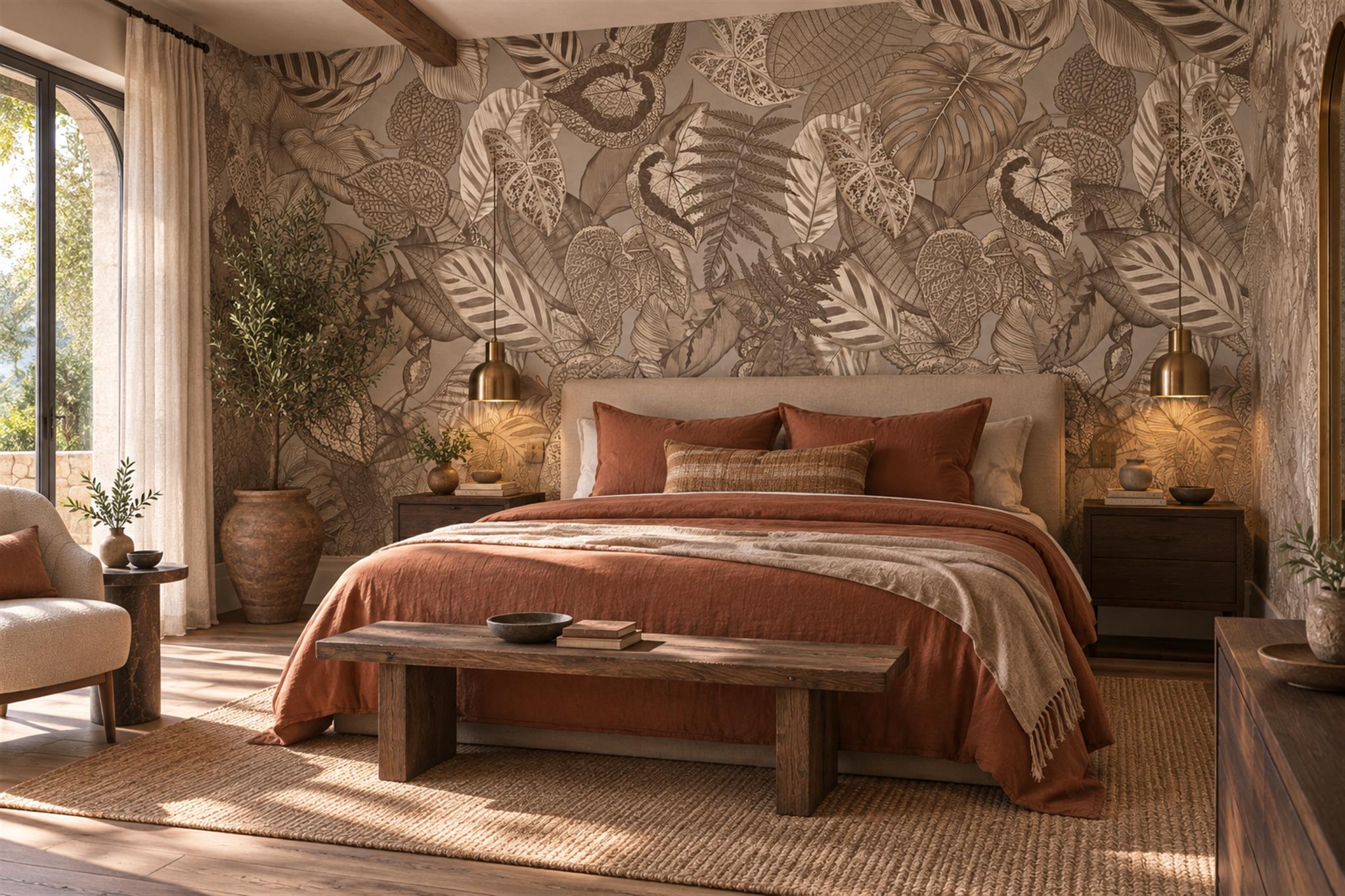 Brown Leaf Botanical Decorative Wallpaper Mural Bedroom-wallpaper-murals, Peel-and-stick Finish