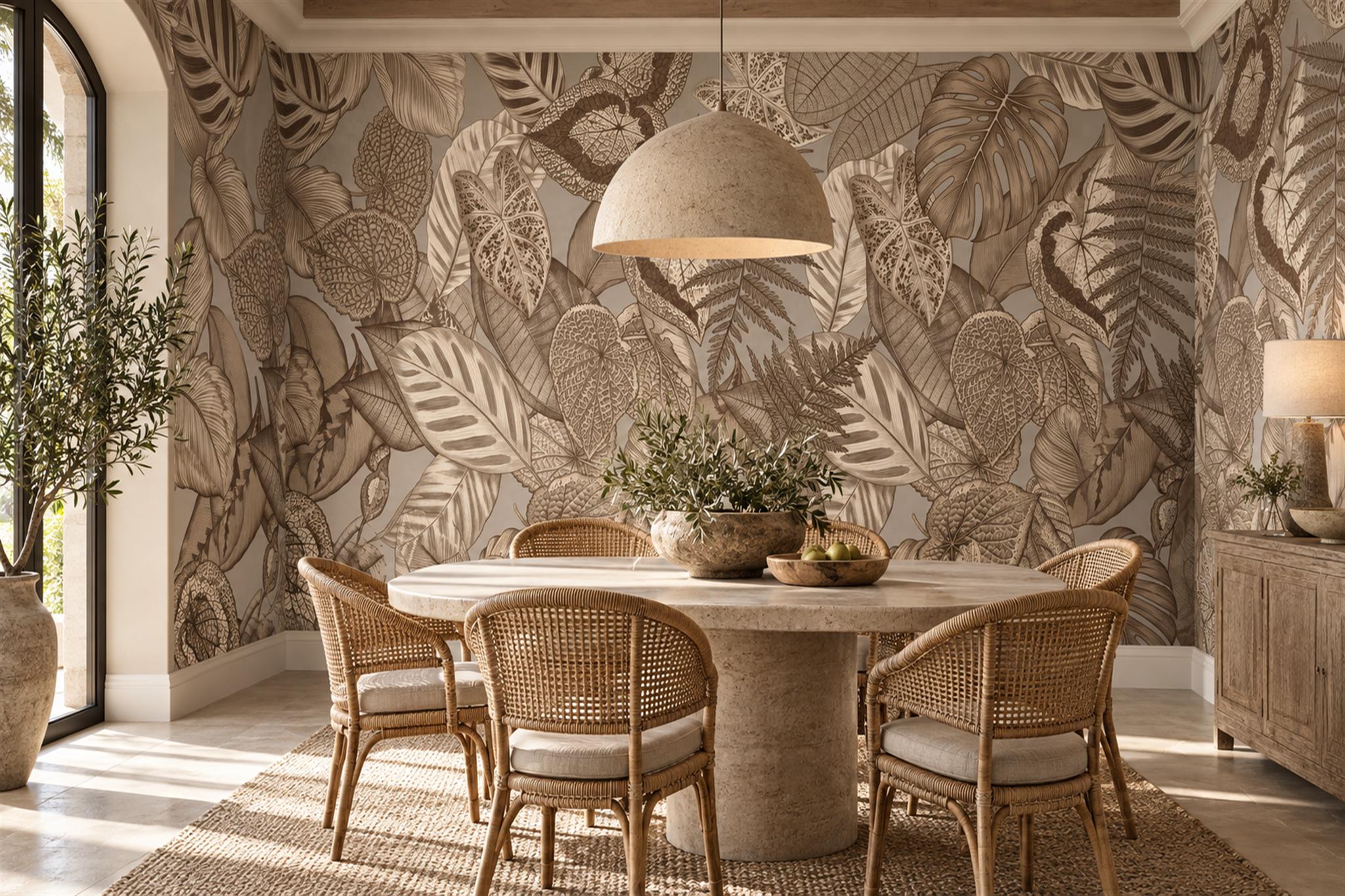 Brown Leaf Botanical Decorative Wallpaper Mural Dining-room-wallpaper-murals, Shown In A Dining Room, Peel-and-stick Finish