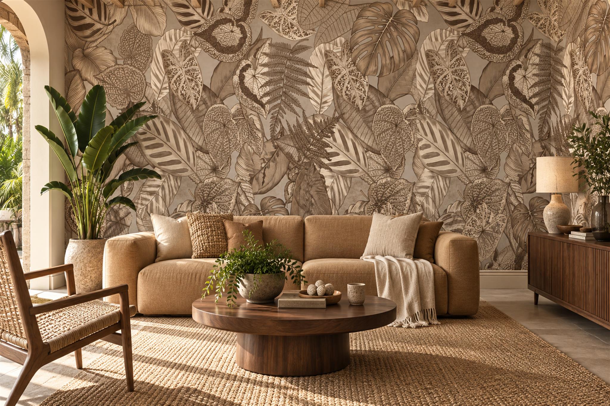 Brown Leaf Botanical Decorative Wallpaper Mural Living-room-wallpaper-murals, Shown In A Living Room, Peel-and-stick Finish