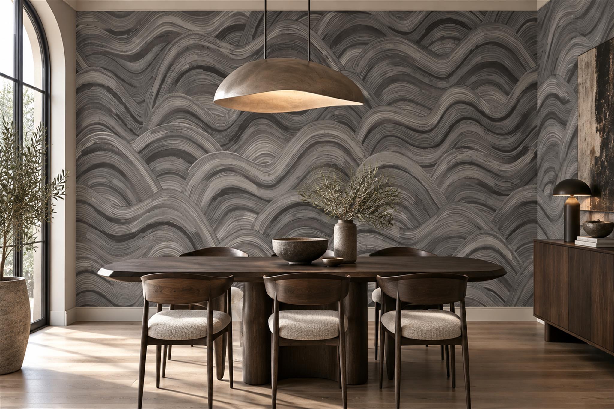 Grey Waves Artful Abstract Wallpaper Mural Dining-room-wallpaper-murals, Shown In A Dining Room, Peel-and-stick Finish