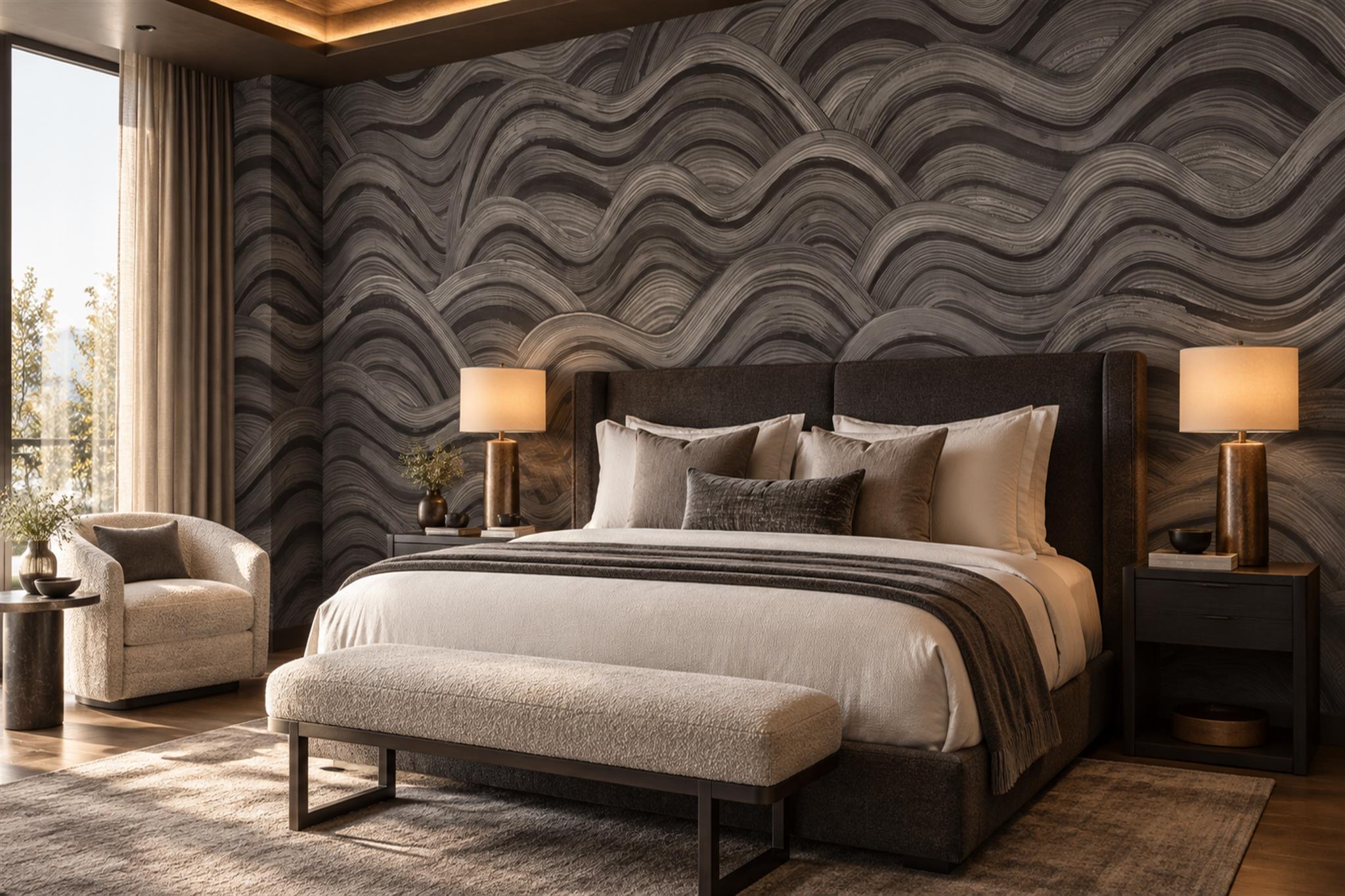 Grey Waves Artful Abstract Wallpaper Mural Bedroom-wallpaper-murals, Peel-and-stick Finish