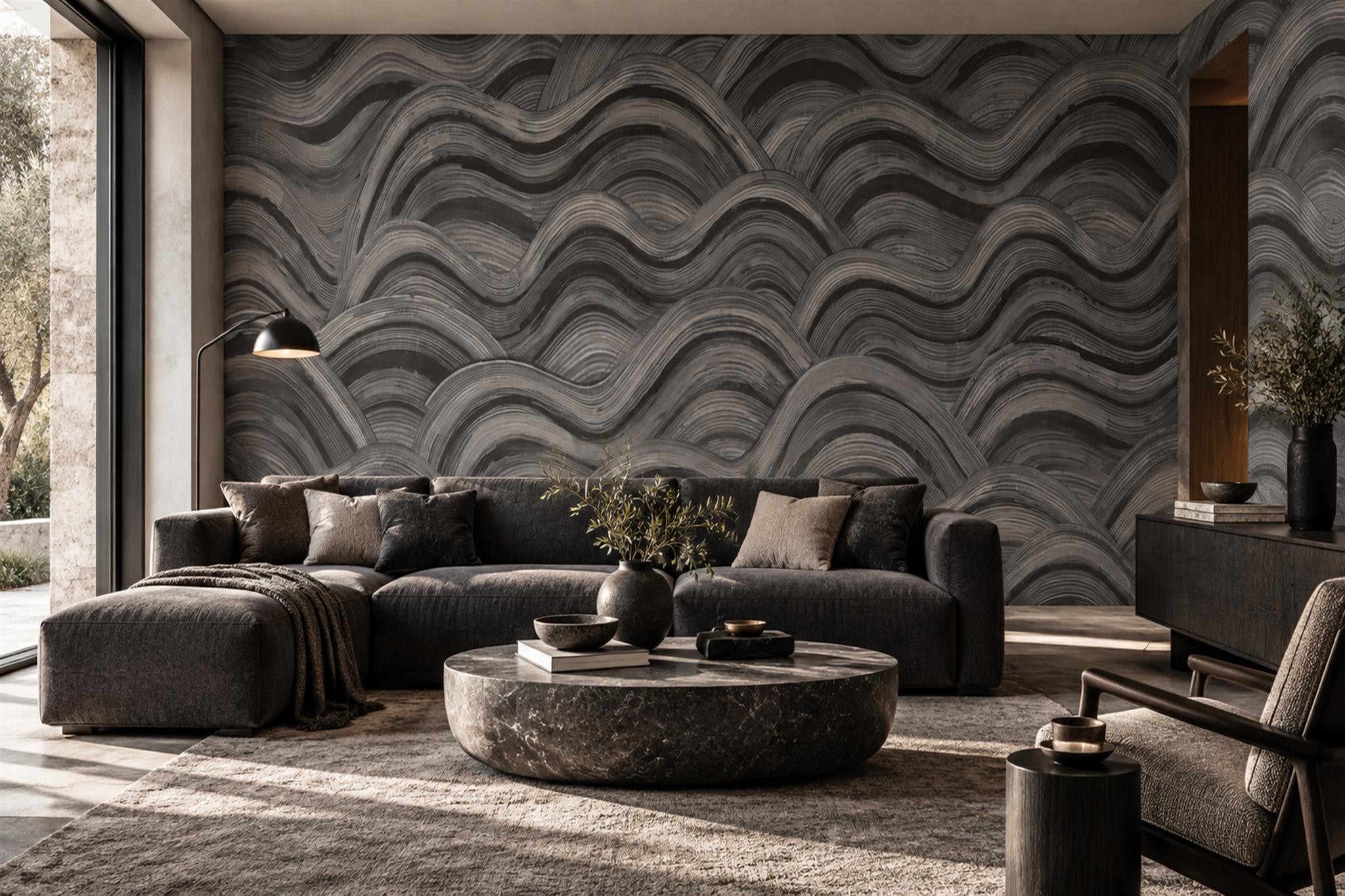 Grey Waves Artful Abstract Wallpaper Mural, Peel-and-stick Finish