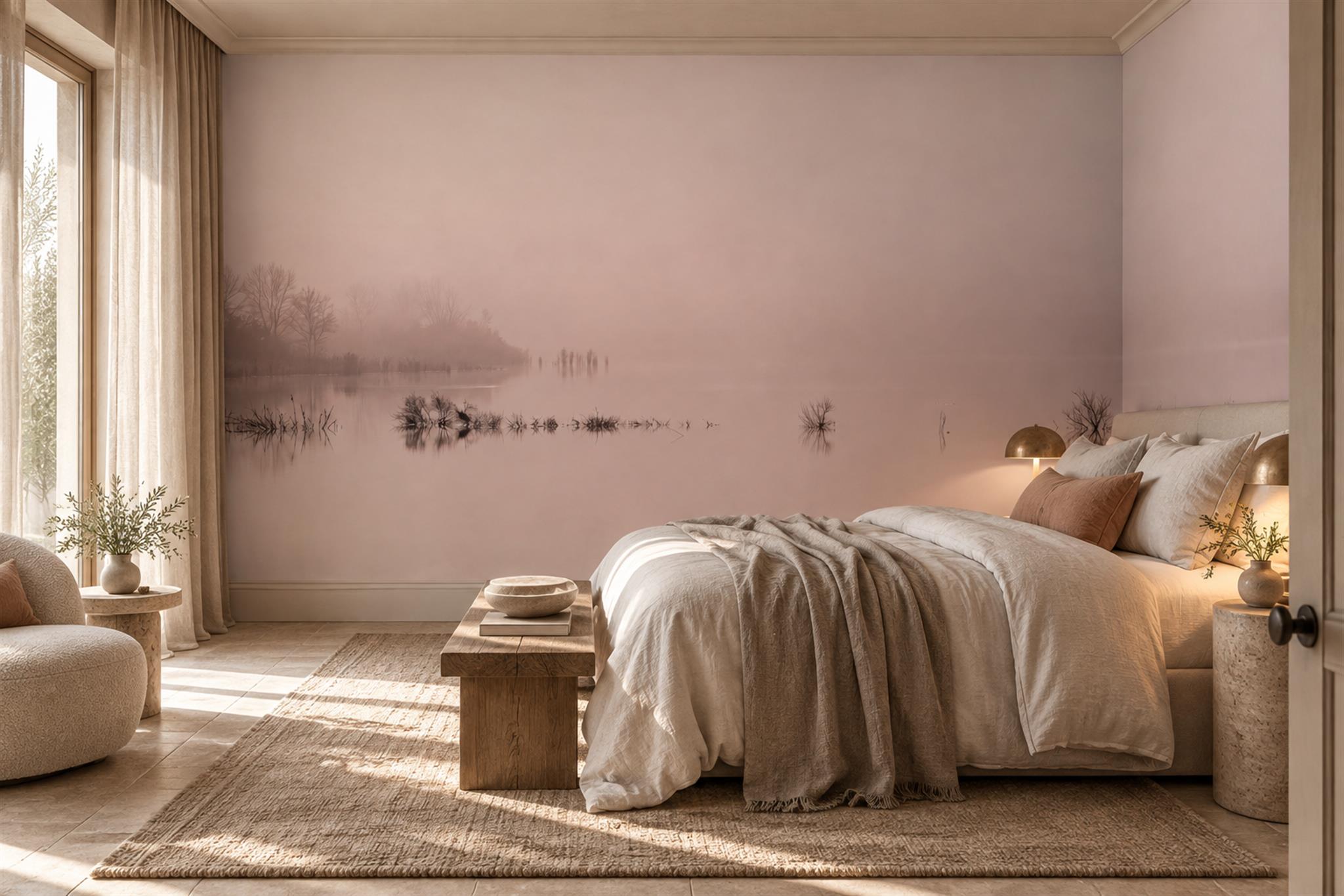 Pink Lake Scenic Layered Wallpaper Mural Bedroom-wallpaper-murals, Peel-and-stick Finish
