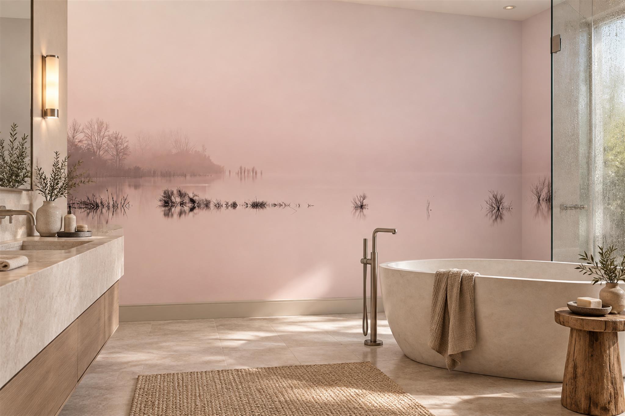 Pink Lake Scenic Layered Wallpaper Mural Bathroom-wallpaper-murals, Peel-and-stick Finish
