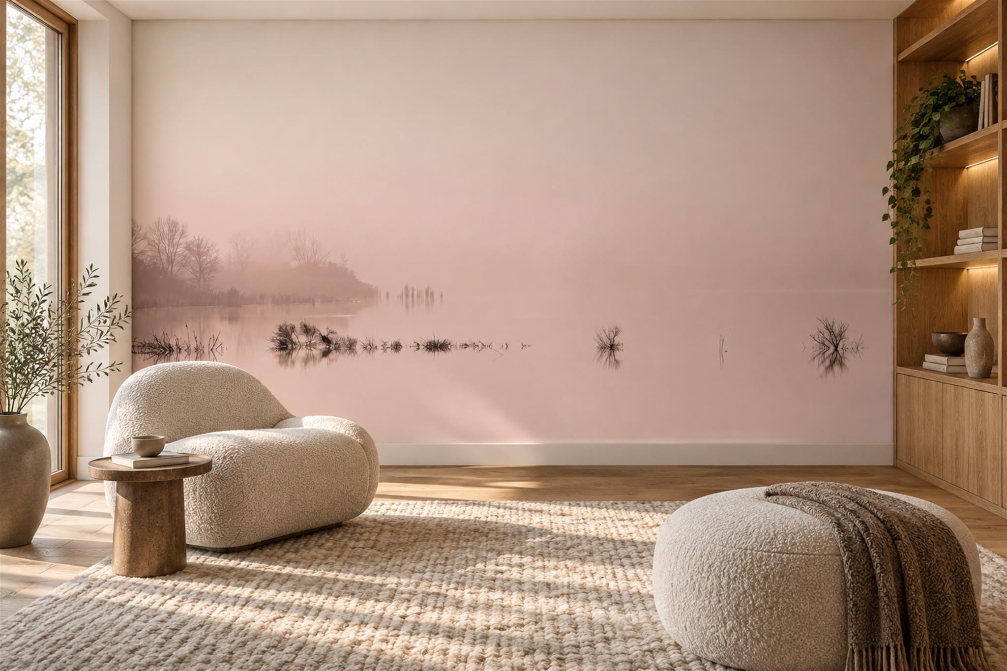 Pink Lake Scenic Layered Wallpaper Mural Home-office-wallpaper-murals, Peel-and-stick Finish