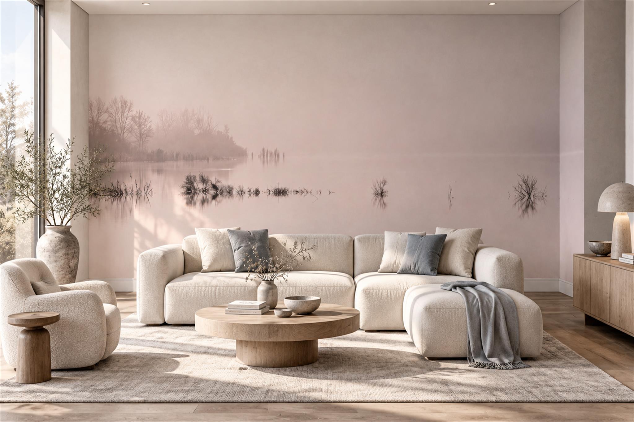 Pink Lake Scenic Layered Wallpaper Mural Home-office-wallpaper-murals, Peel-and-stick Finish