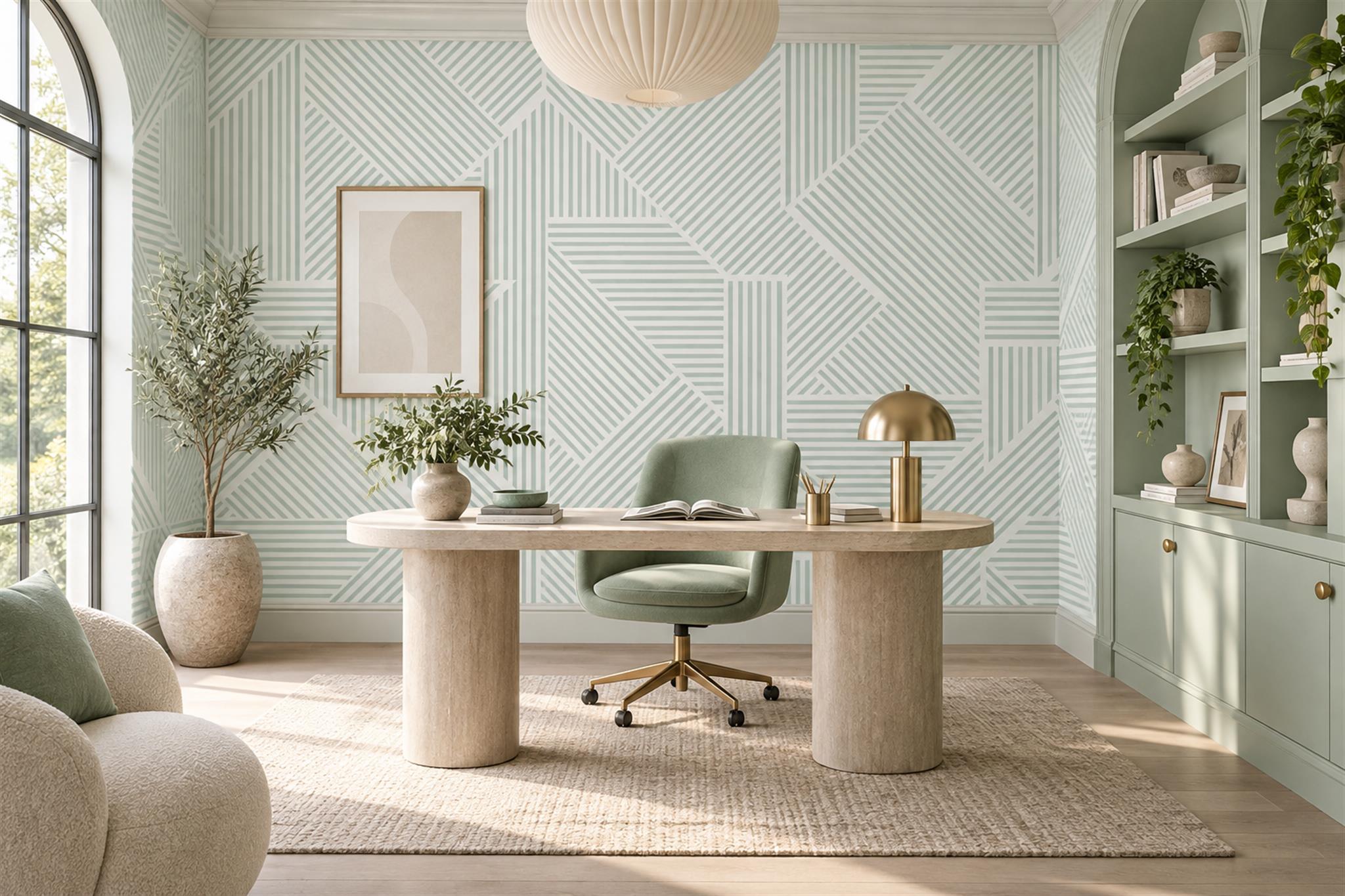 Mint Striped Abstract Wallpaper Mural Home-office-wallpaper-murals, Shown In A Home Office, Peel-and-stick Finish