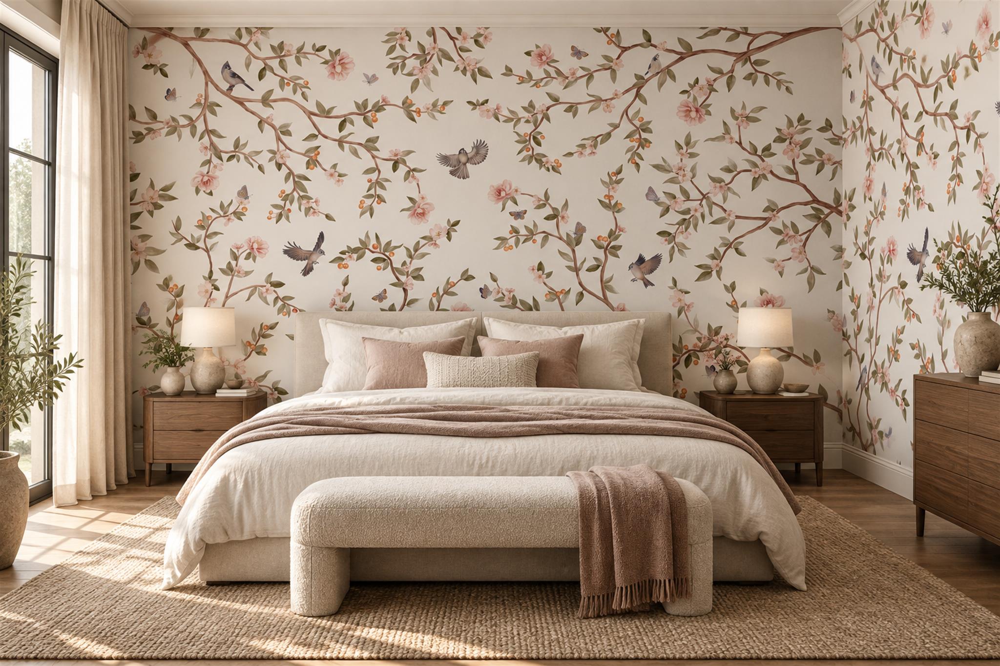 Pink Blossom Birds And Butterflies Wallpaper Mural — Installed Wallpaper Mural In A Bedroom, Peel-and-stick Finish
