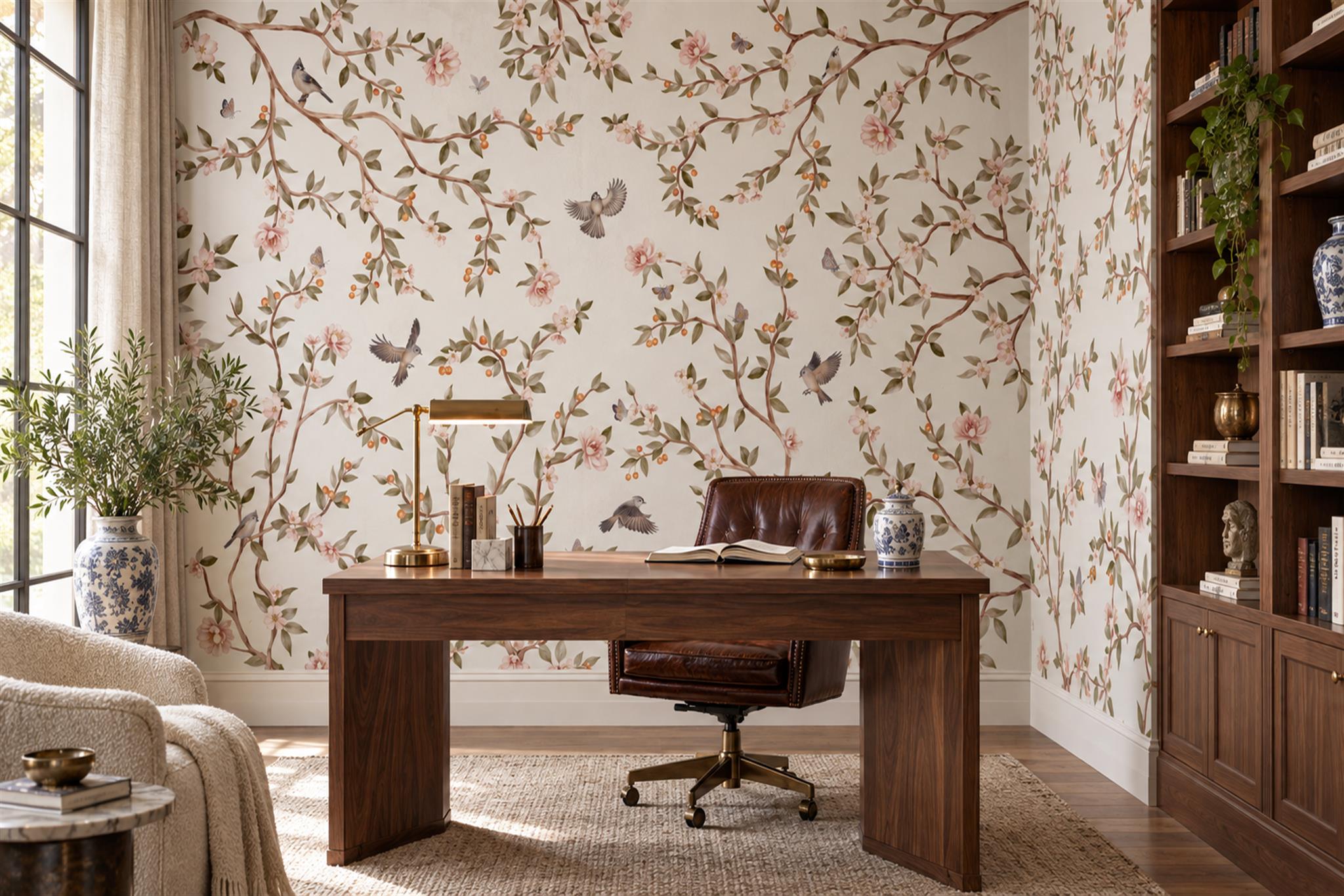Pink Botanical Botanical Textured Wallpaper Mural Home-office-wallpaper-murals, Shown In A Home Office, Peel-and-stick Finish